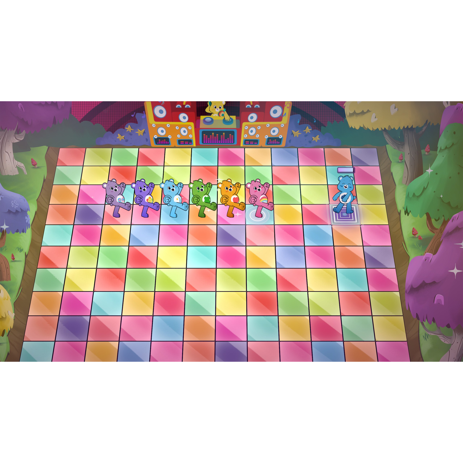 Geanimeerde afbeelding van Care Bears die dansen op een regenboogdansvloer.