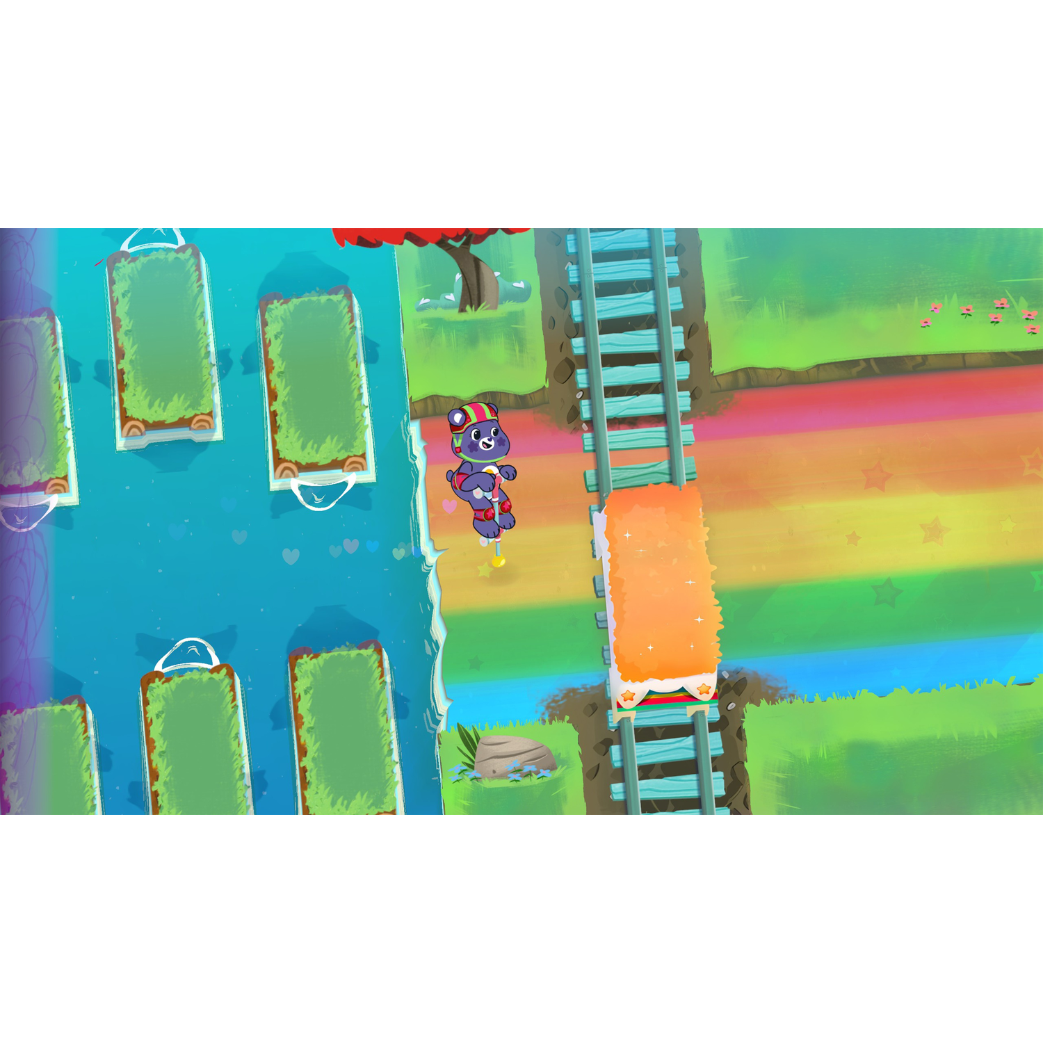 Game scene. Een beer-personage staat op het regenboogpad. Groene velden en blauw water omringen het.