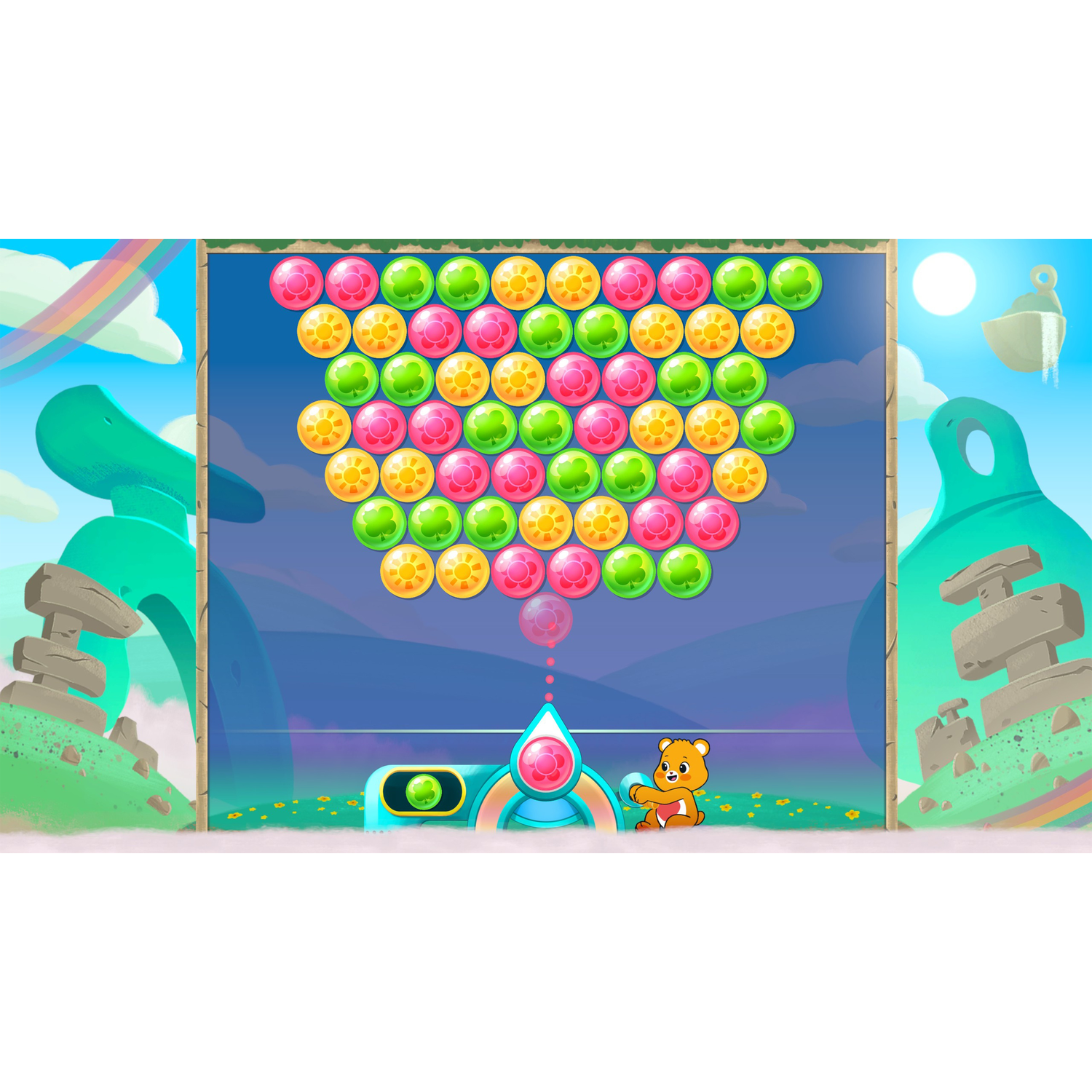 Een gameweergave met bubbels. Een beerachtig personage schiet bubbels op de bovenste bubbels.