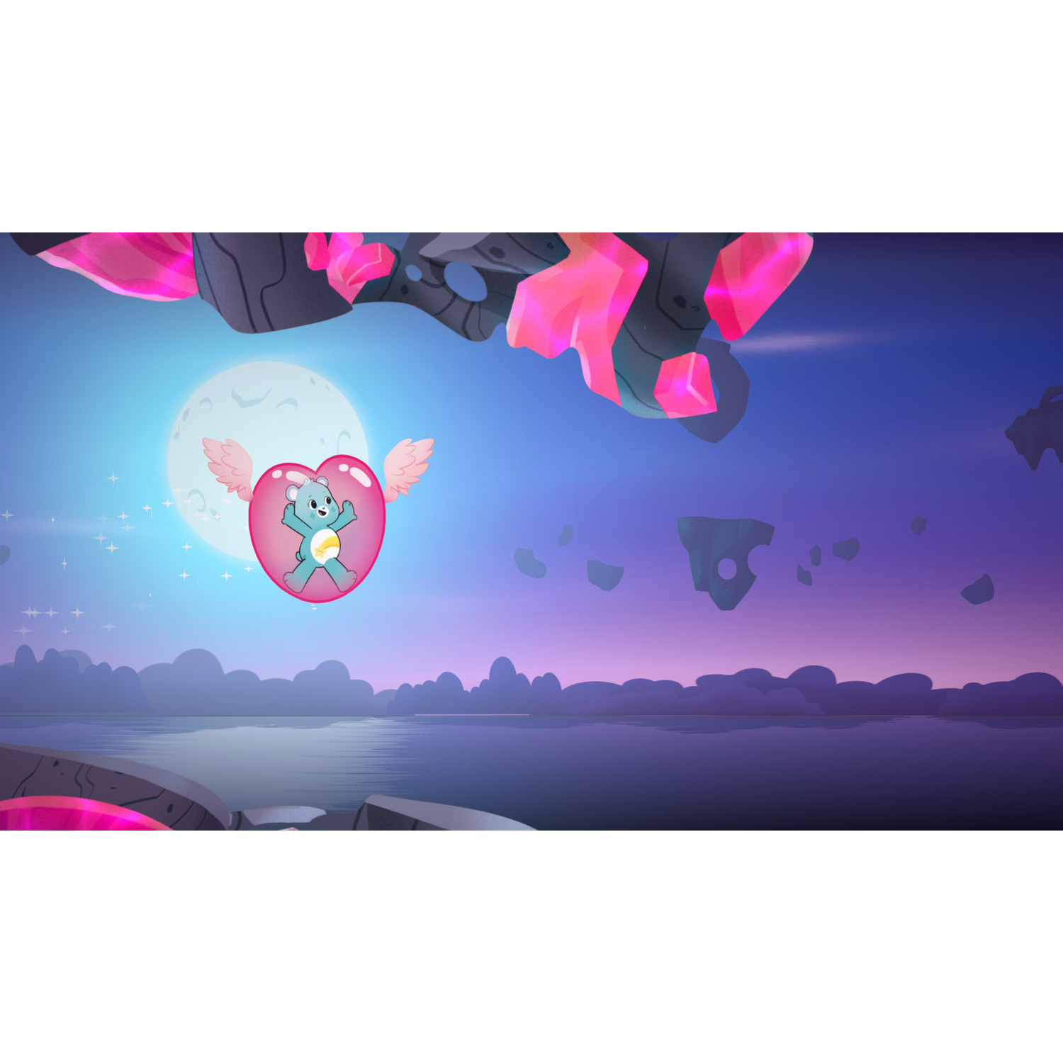 Een hartvormige Care Bear met vleugels vliegt, omlijst door een maanverlicht, paars landschap.