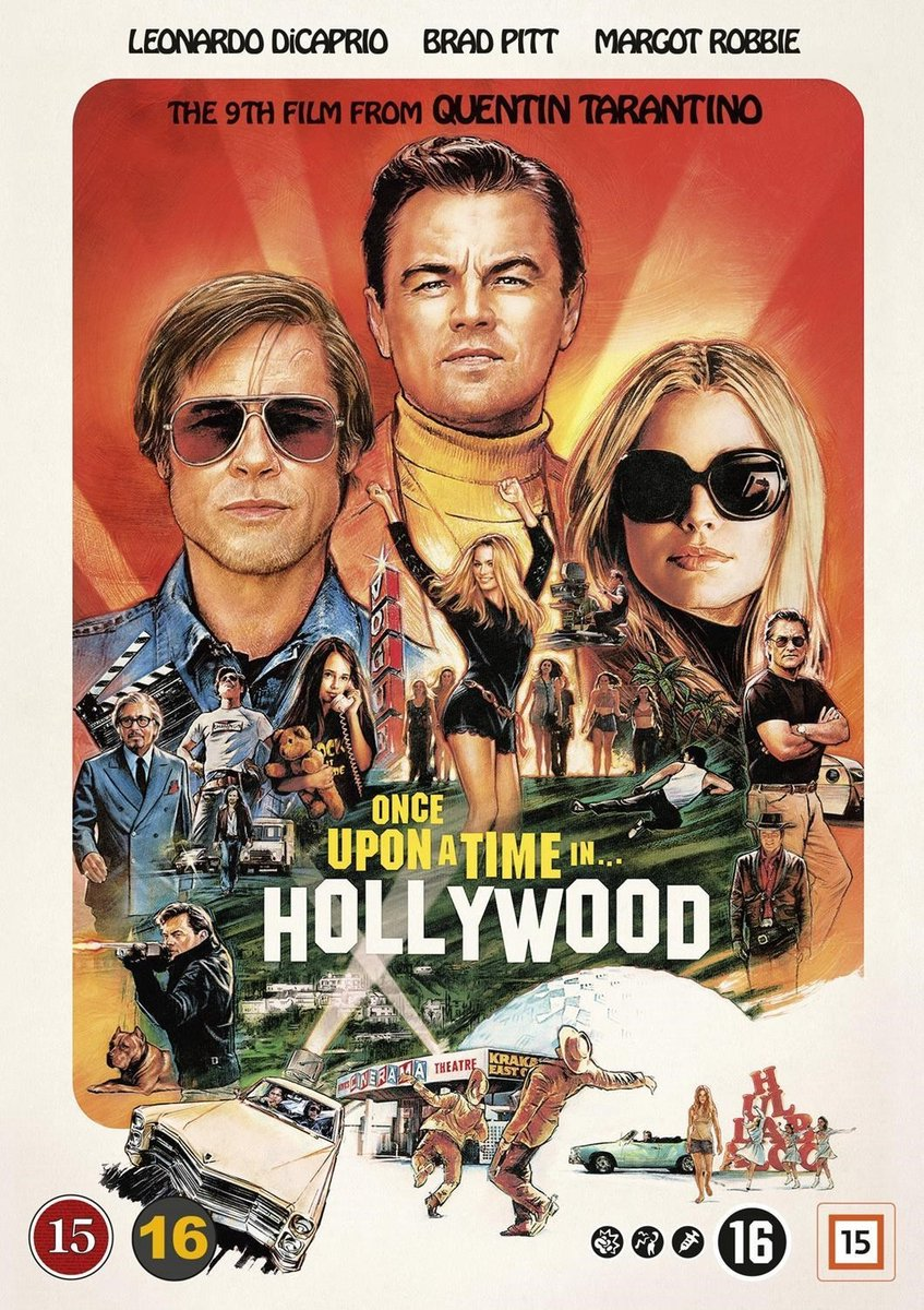 Filmposter met Brad Pitt, Leonardo DiCaprio en Margot Robbie. Retro ontwerp.