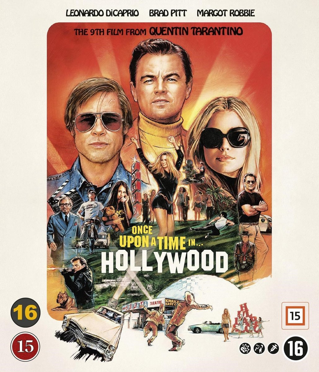 Affiche du film : Brad Pitt, Leonardo DiCaprio et Margot Robbie. Titre : Once Upon a Time in Hollywood.