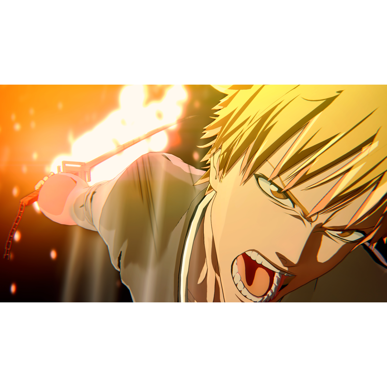 Personnage d'anime aux cheveux jaunes, hurlant, tenant une arme avec du feu orange.
