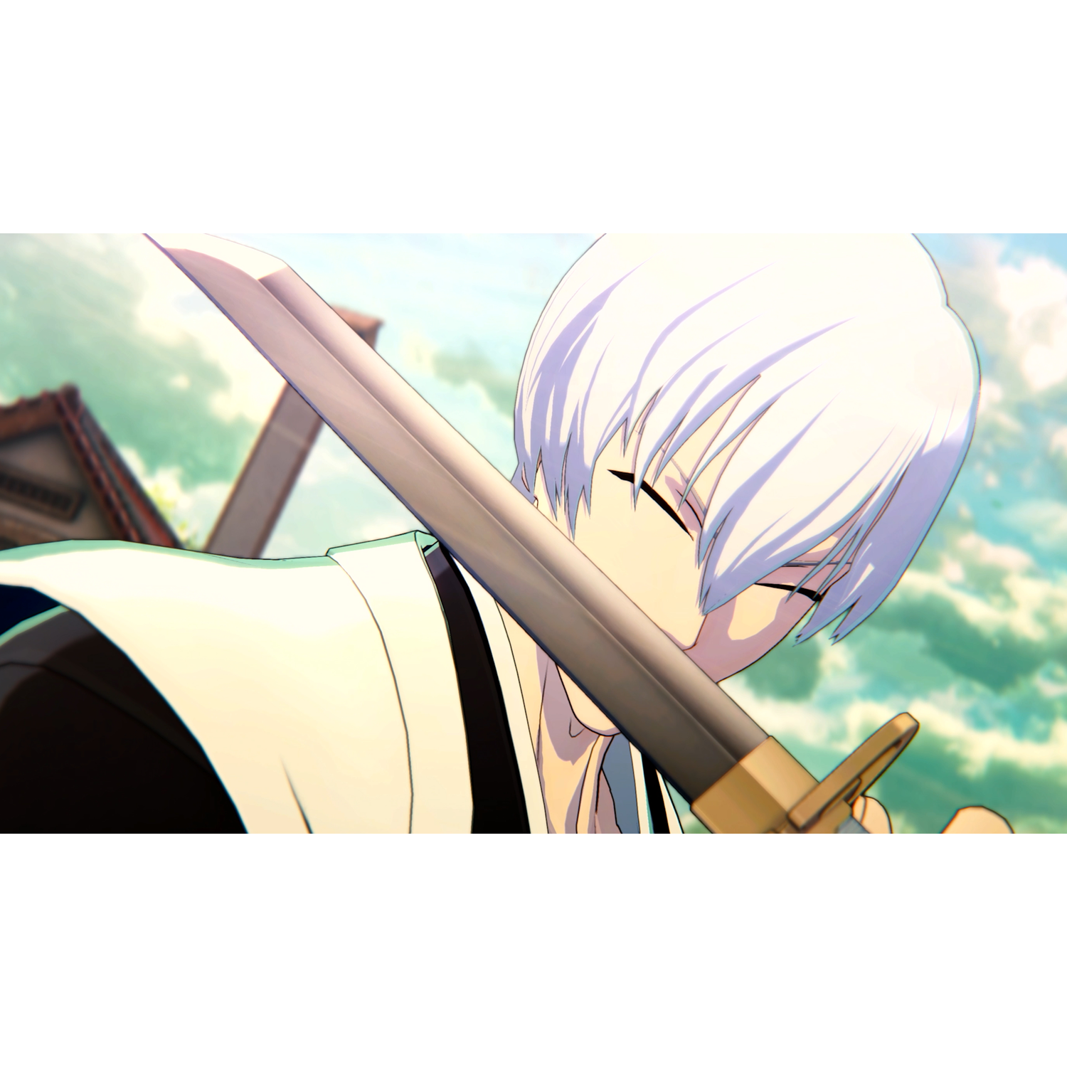 Un gros plan d'un personnage d'anime aux cheveux blancs, tenant un katana dans ses mains.
