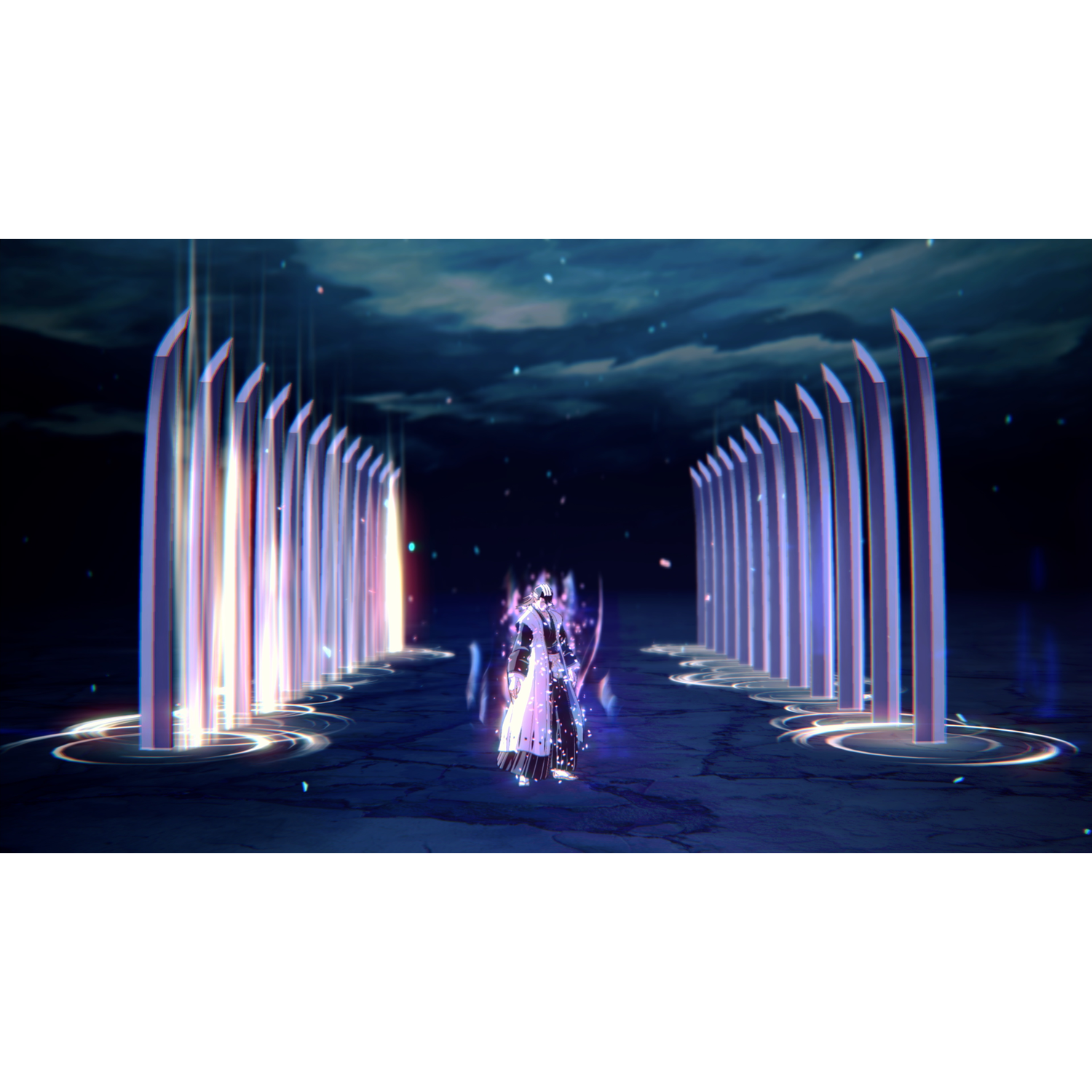Scène futuriste avec personnage, piliers lumineux et sol sombre et réfléchissant.