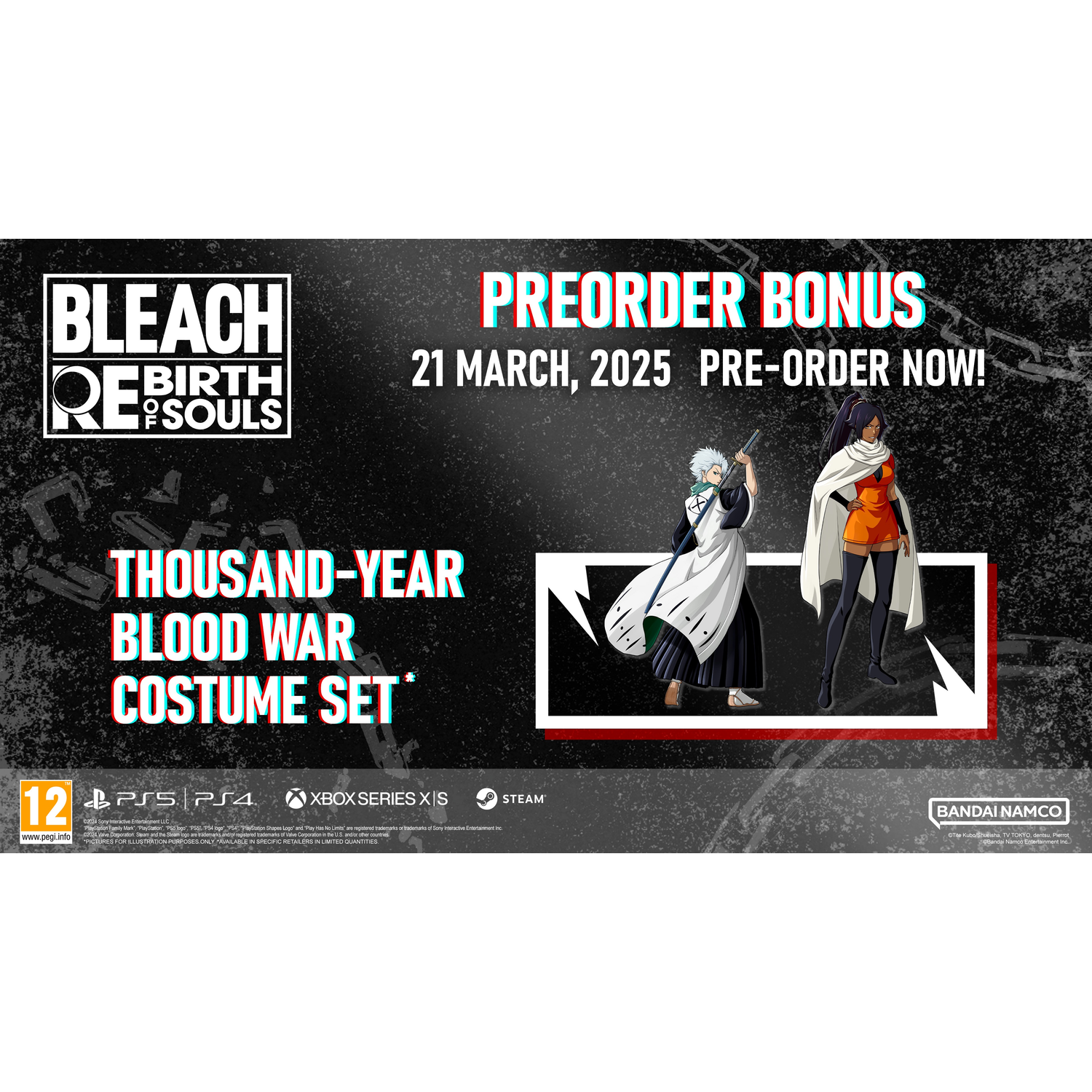Publicité du jeu d'anime Bleach. Texte : Bonus de précommande, Ensemble de costumes Thousand-Year Blood War.
