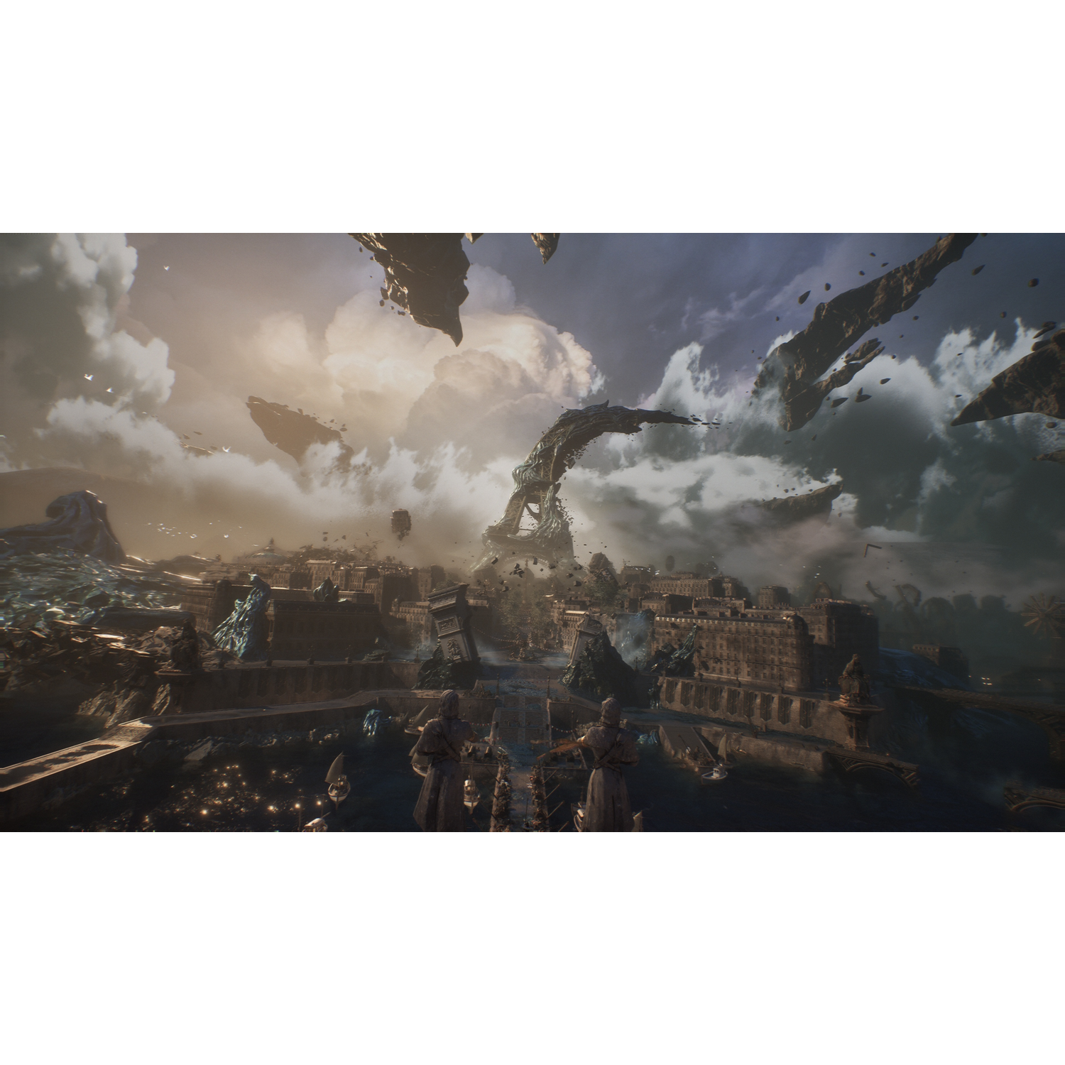 Fantasy city with flying islands, characters, and a large structure.