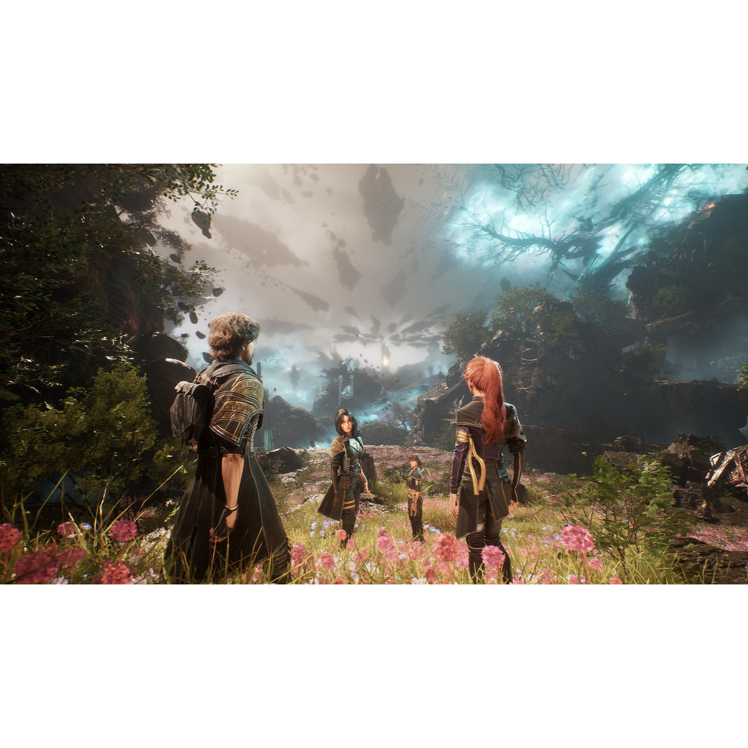 Four people in a green forest.