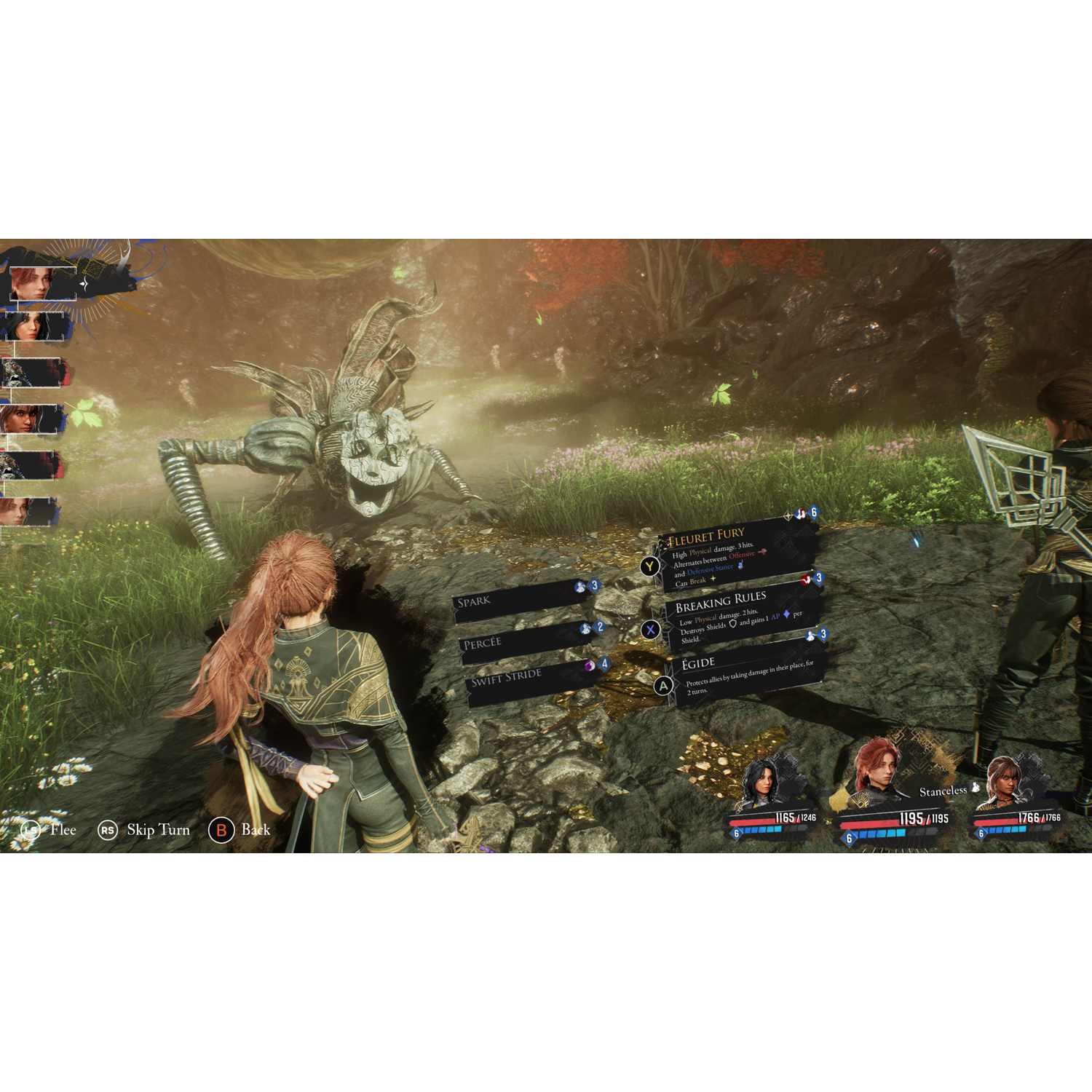 A game scene with two characters fighting a creature in a dark, forest-like environment.