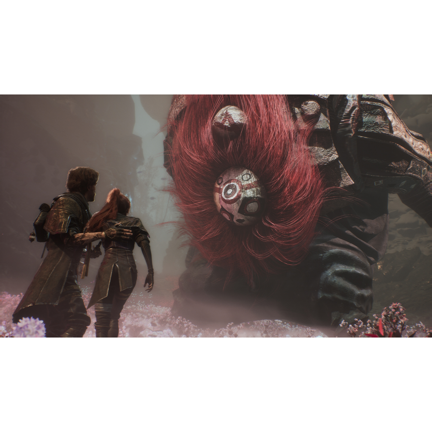 Two characters in a game, looking towards a large, monstrous figure in a hazy environment.