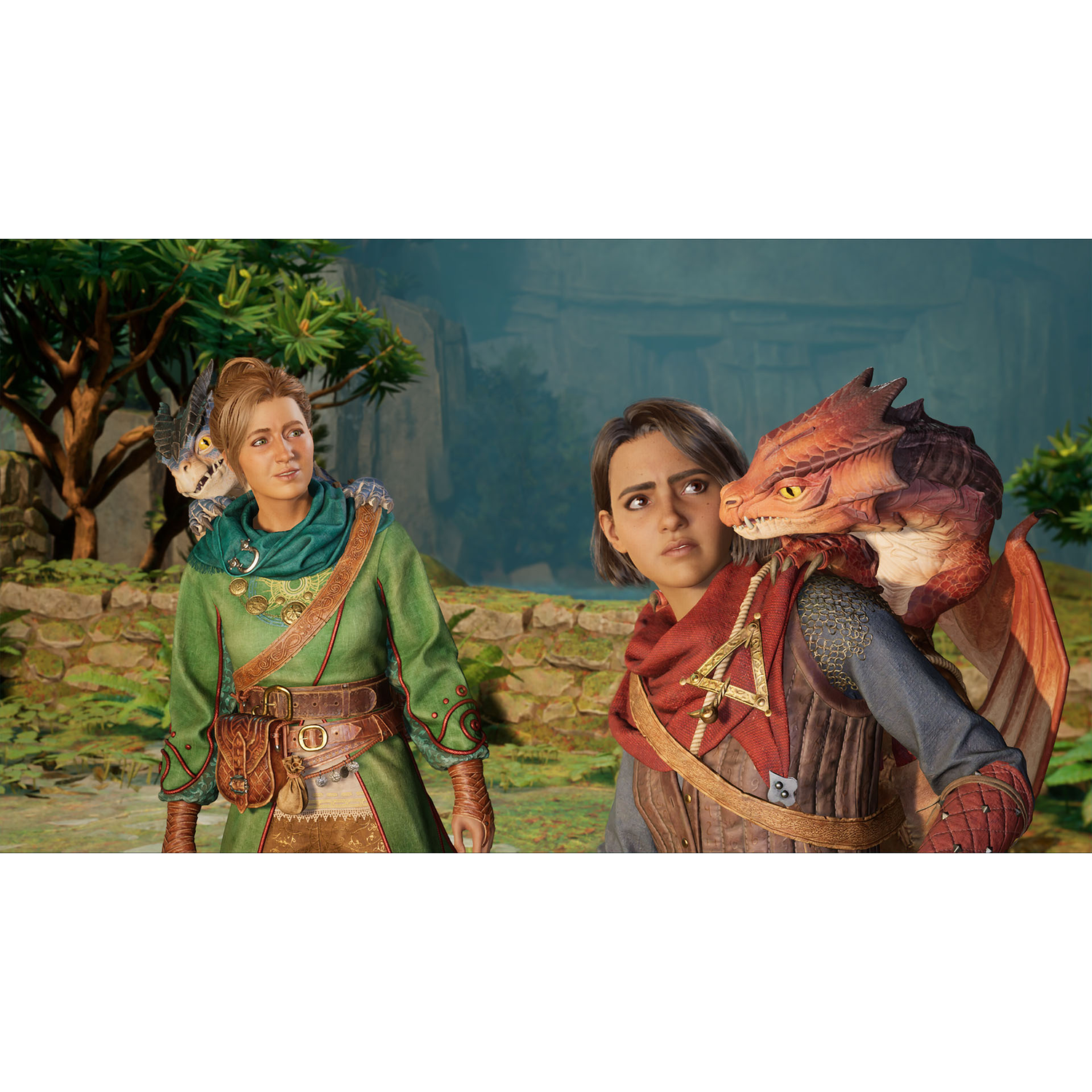 Deux personnages et un dragon dans un jeu, dans un environnement extérieur lumineux.