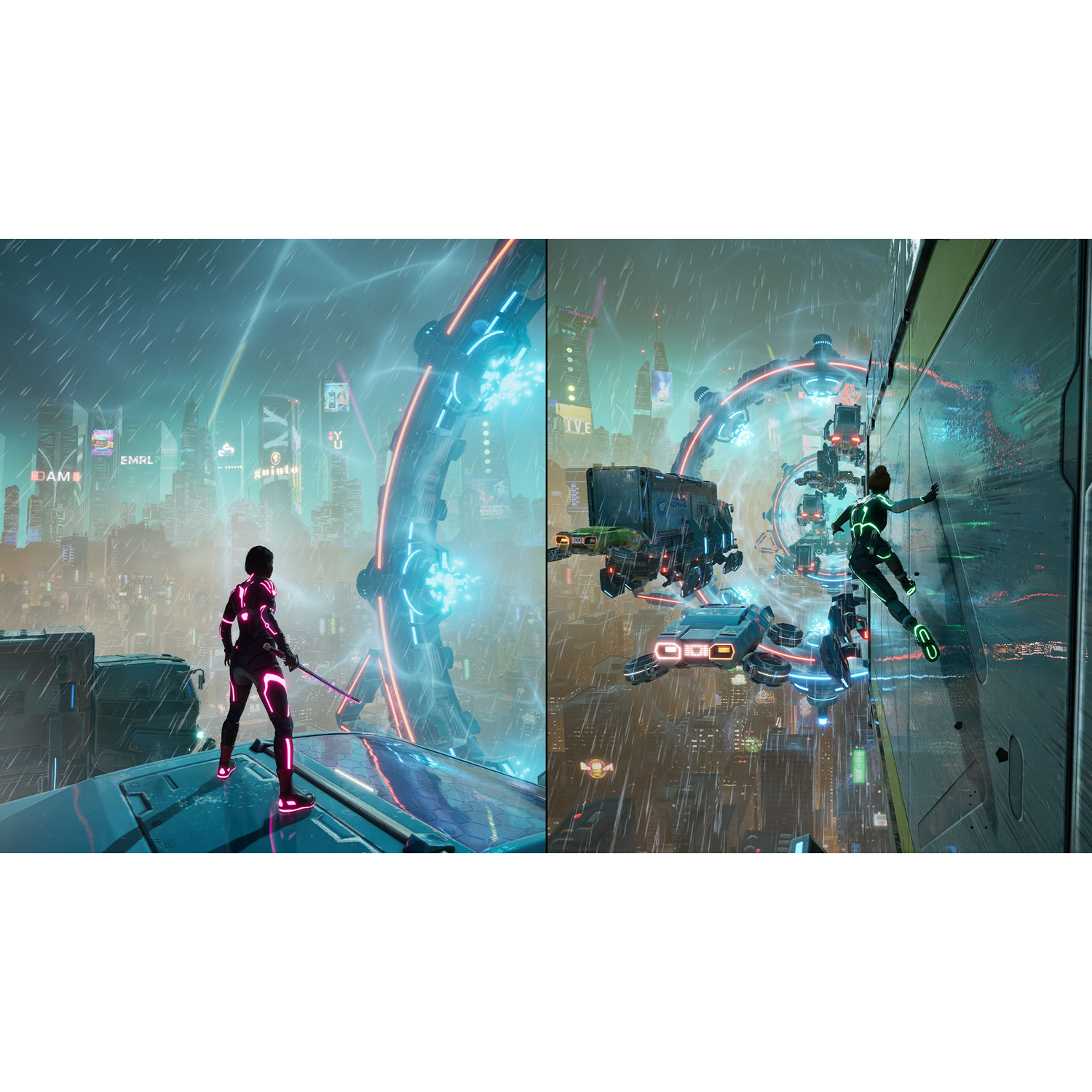 Deux scènes de jeu : un personnage en costume avec une épée et un personnage grimpant.