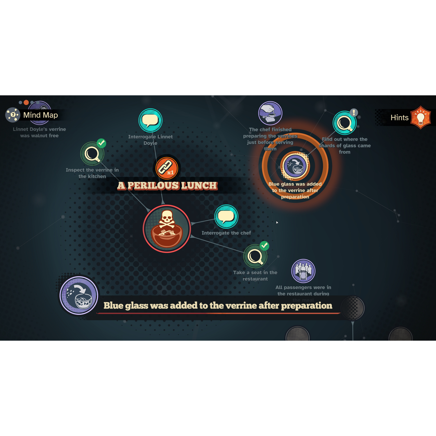 Een game-interface toont een mindmap over een hachelijke lunch met een schedel-icoon.