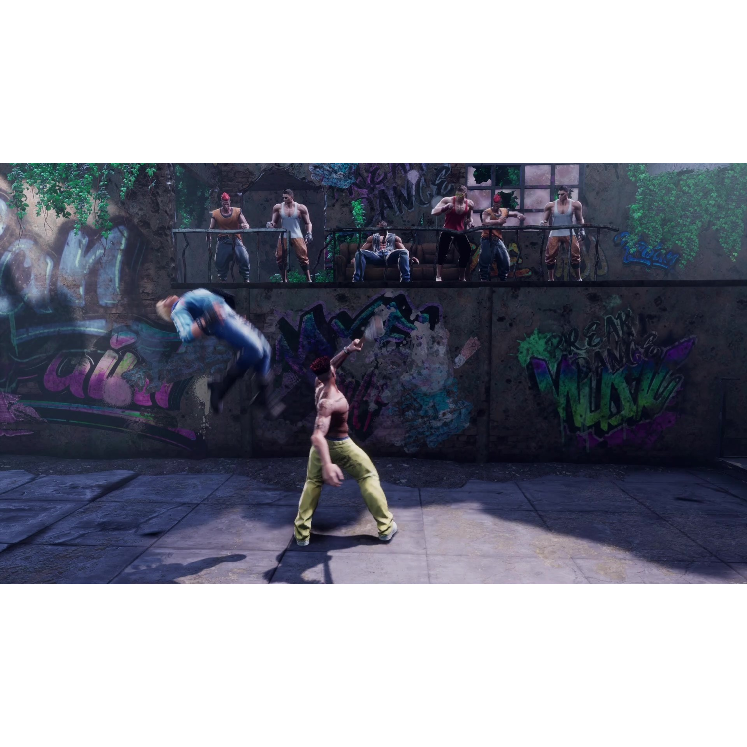 Een man maakt een salto in de lucht voor een graffitimuur, mensen kijken.