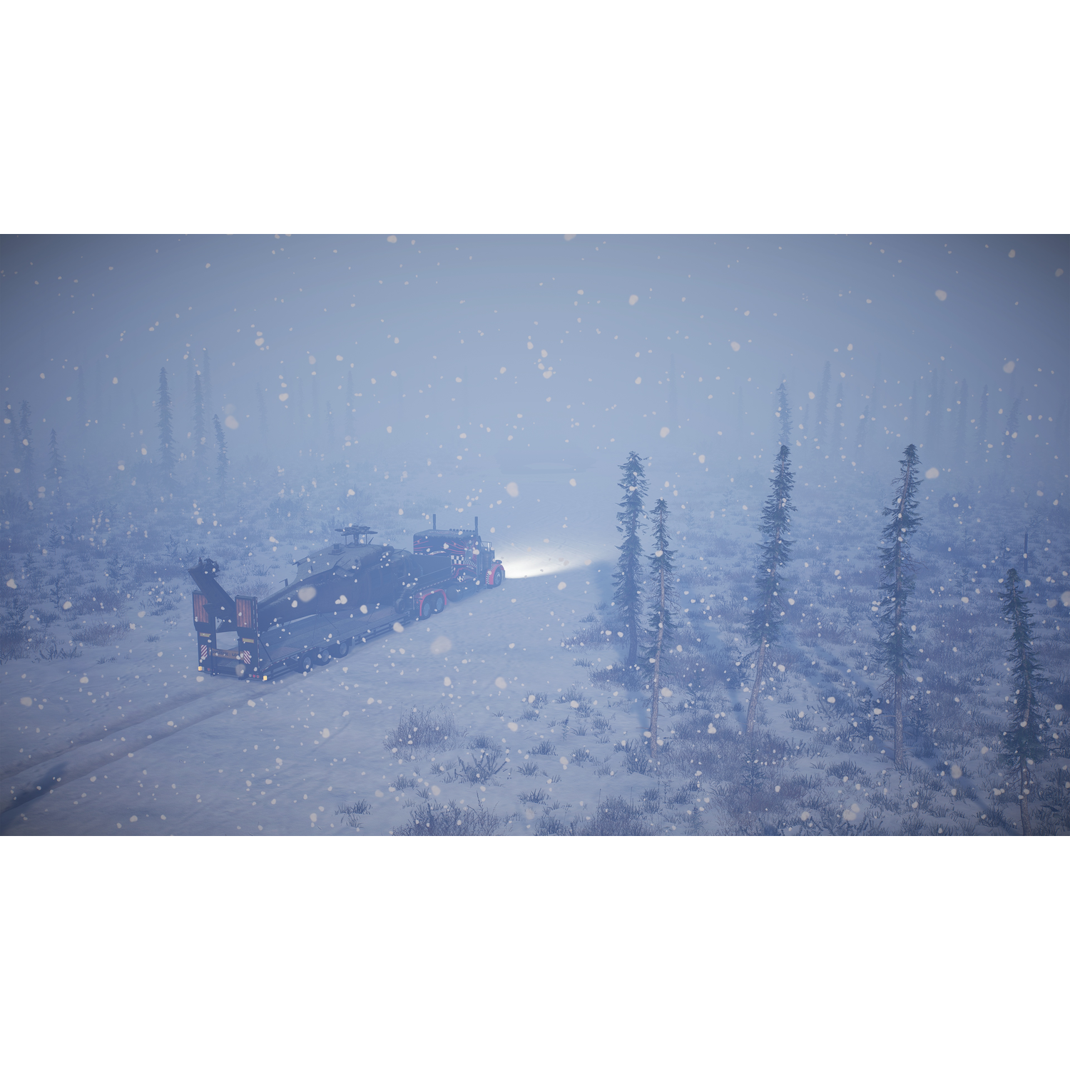 Semi-truck driving on snow-covered road, snowy forest.