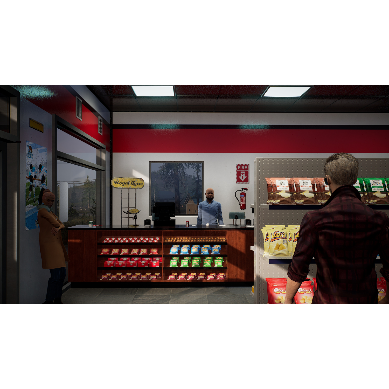 Inside a store. A cashier and a customer are present. Shelves with snacks are visible.