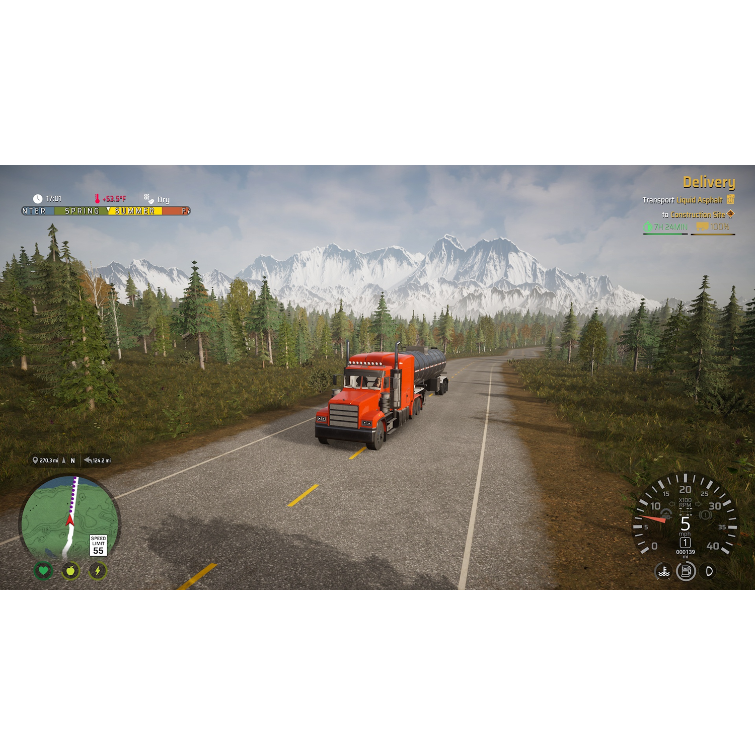 Truck on a road in a game with mountains and green landscape.