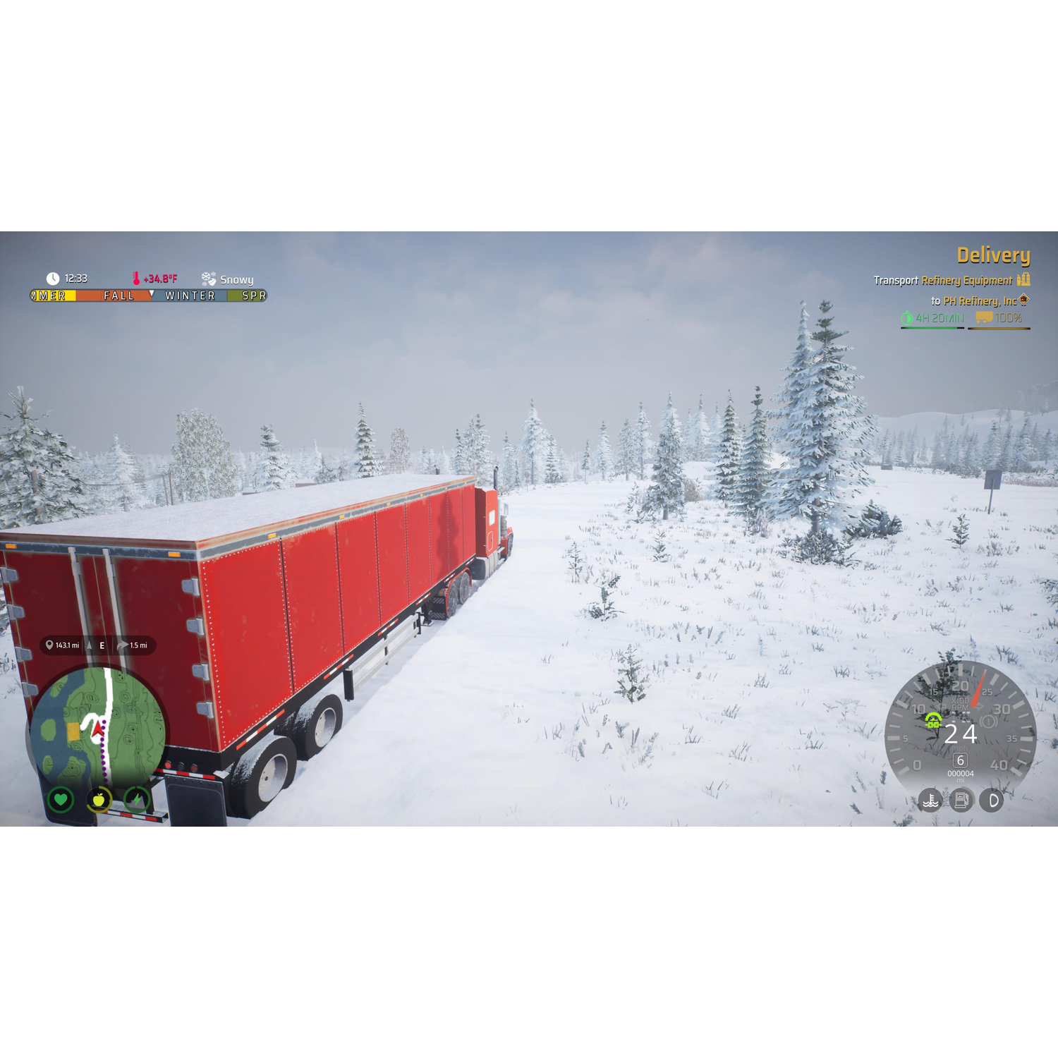 A red truck on a snowy road, with trees and a winter landscape visible.