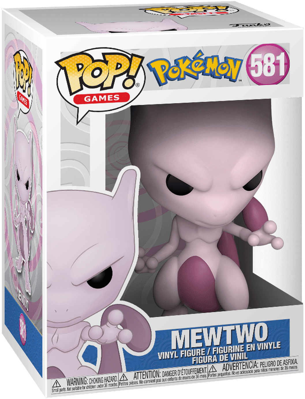 Statua di Mewtwo Pokémon in una scatola. Figura viola, scatola bianca con logo del gioco.