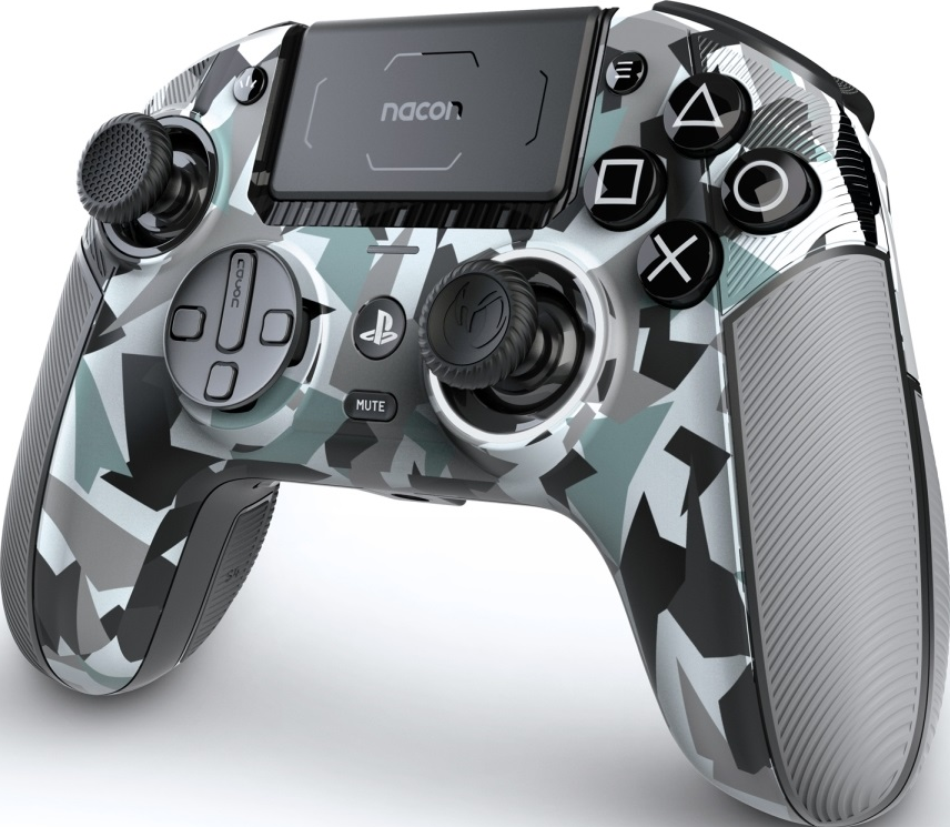 Ein getarnter Gamecontroller mit Tasten, Joysticks und einem zentralen Touchpanel.