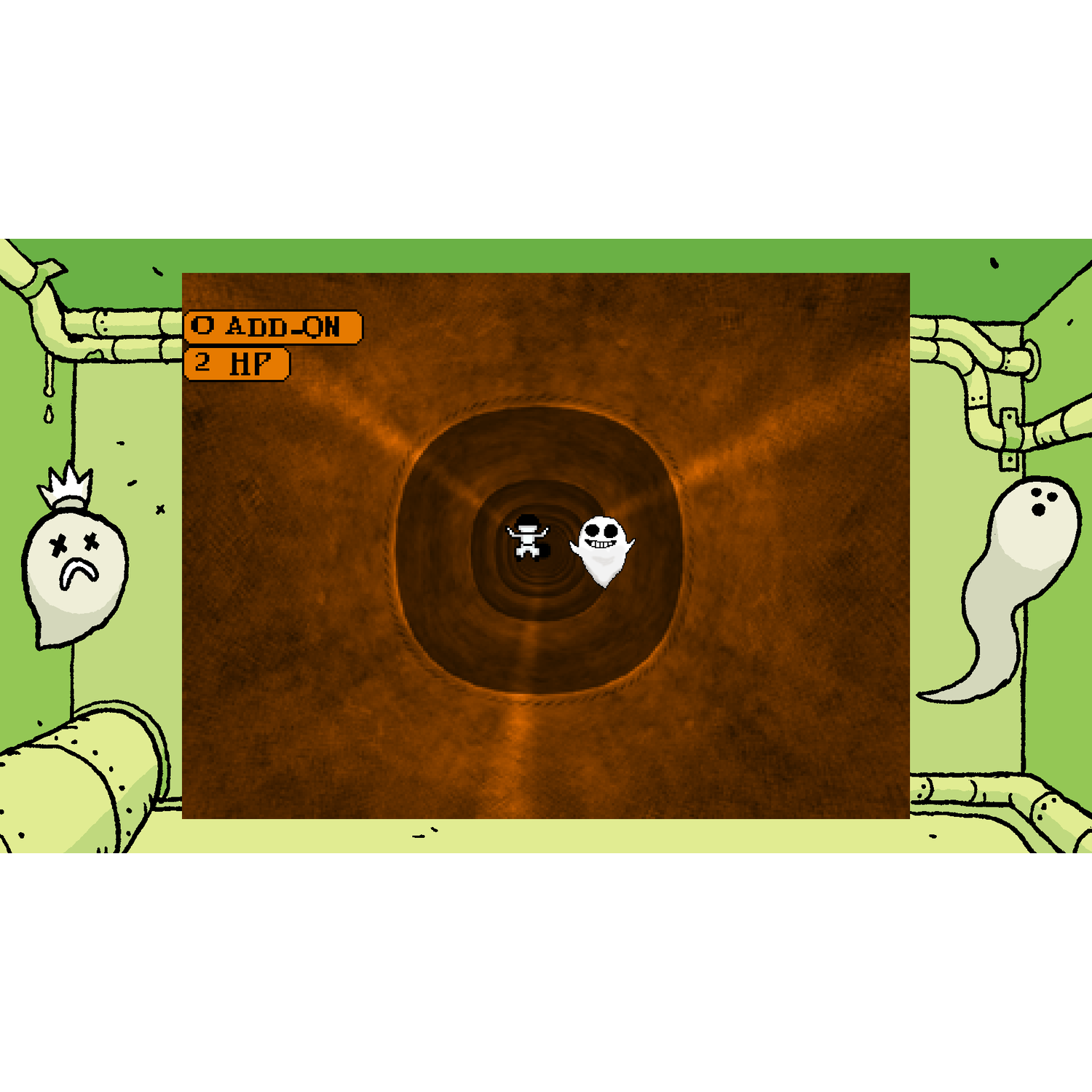 Een gepixelde game scène met een donkere tunnel, twee geesten en twee personages, een in de tunnel.