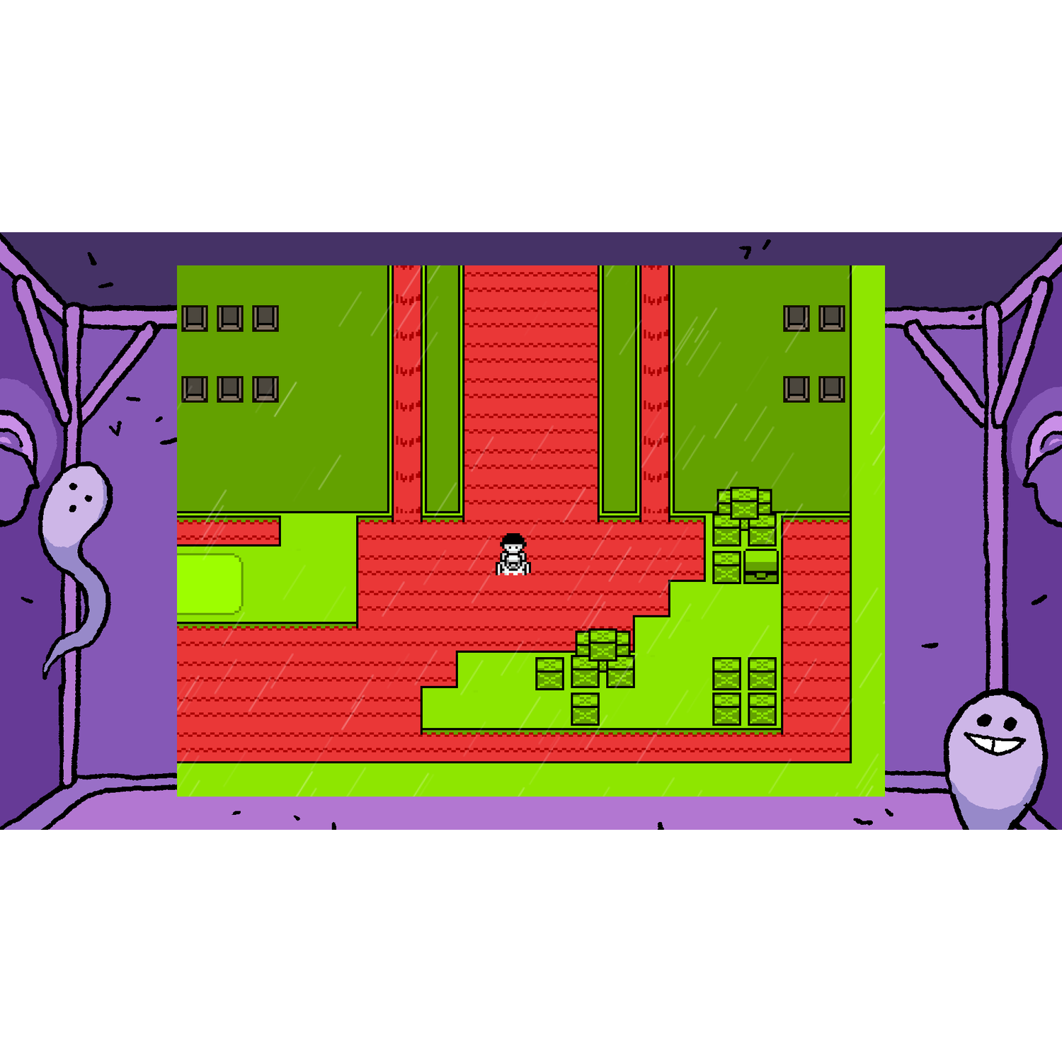 Pixel art scène: Personage in rode/groene kamer, regen. Paarse muren, twee geesten.