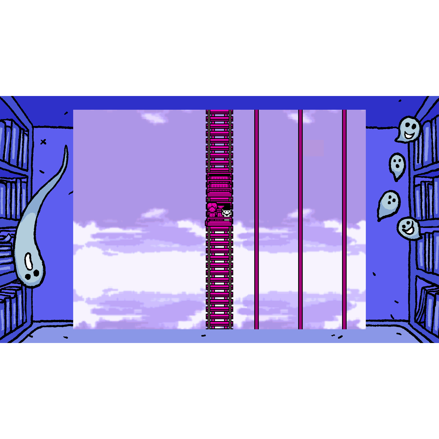Een cartoonscene met een gepixelde karakter op een brug. Geesten en boekenkasten op de achtergrond.