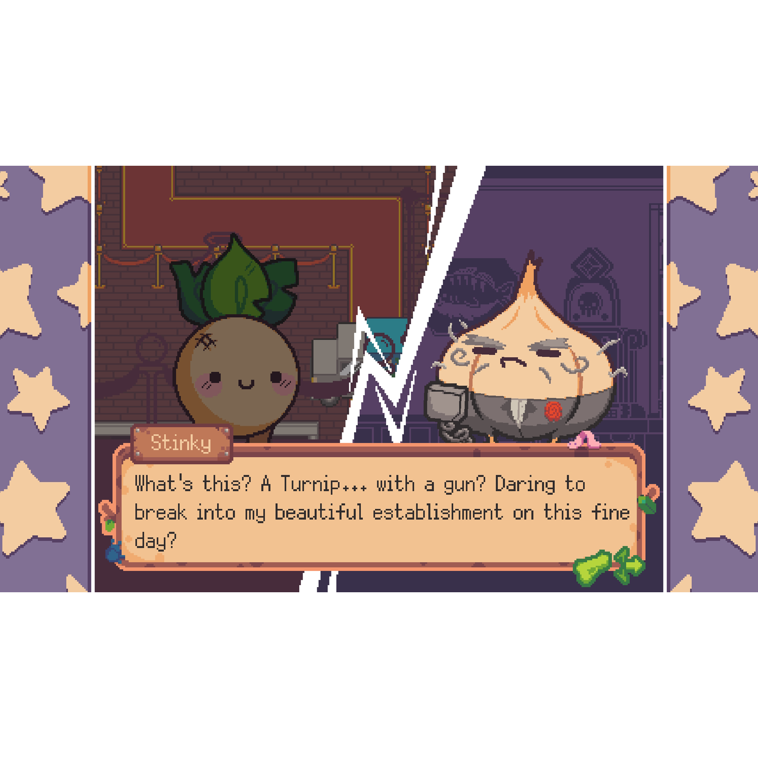 Gepixeld gamescherm dat een dialoog toont tussen twee personages, een knolraap en een ui, in een kamer.