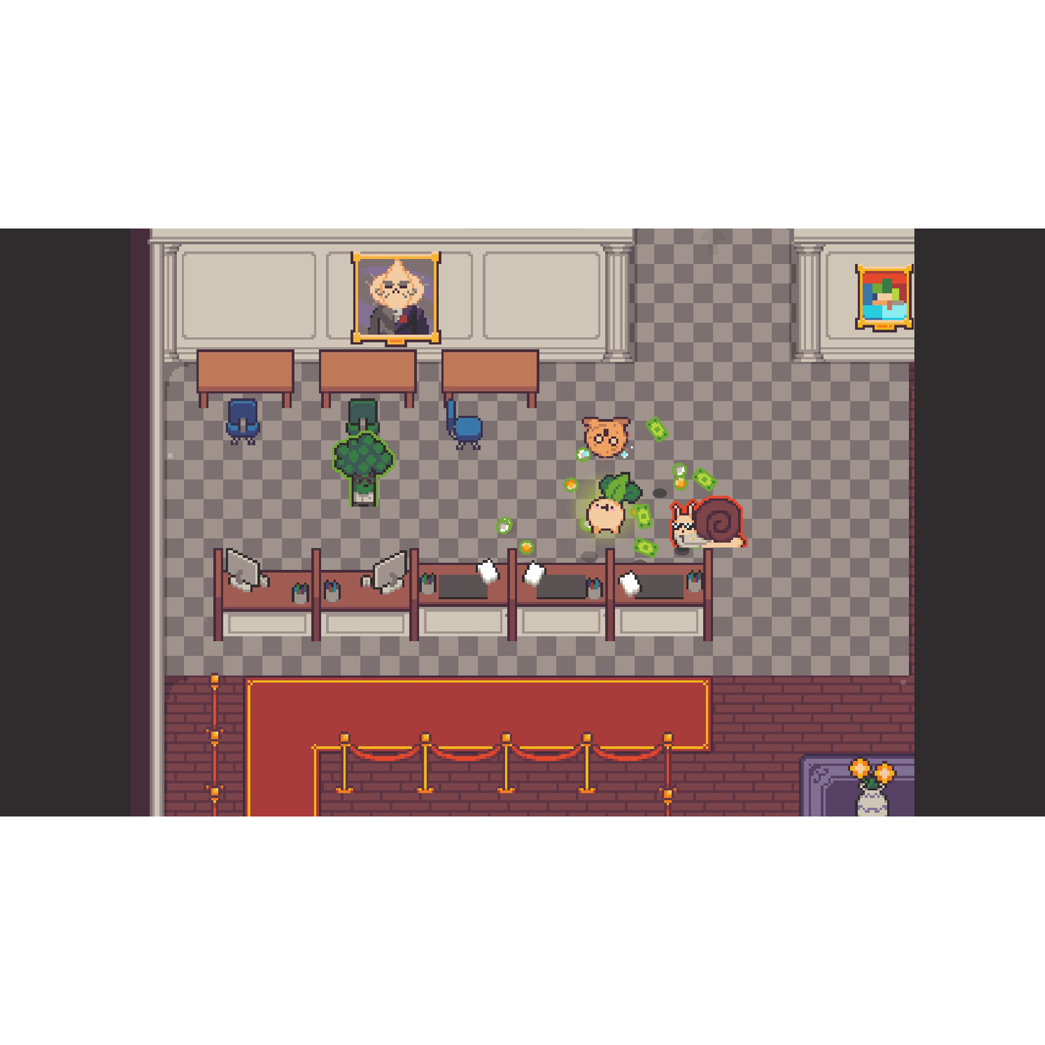 Gepixeld spelscène, met personages en objecten in een bankomgeving op een grijze achtergrond.