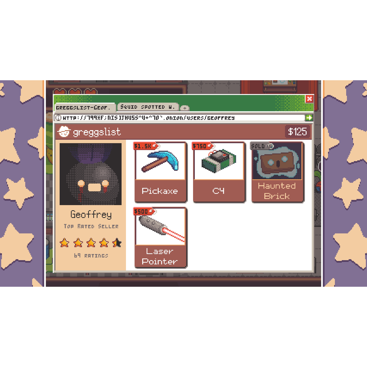 Een gepixeld gamescherm met een webpagina met te koop aangeboden artikelen, waaronder een pikhouweel en een laserpointer.