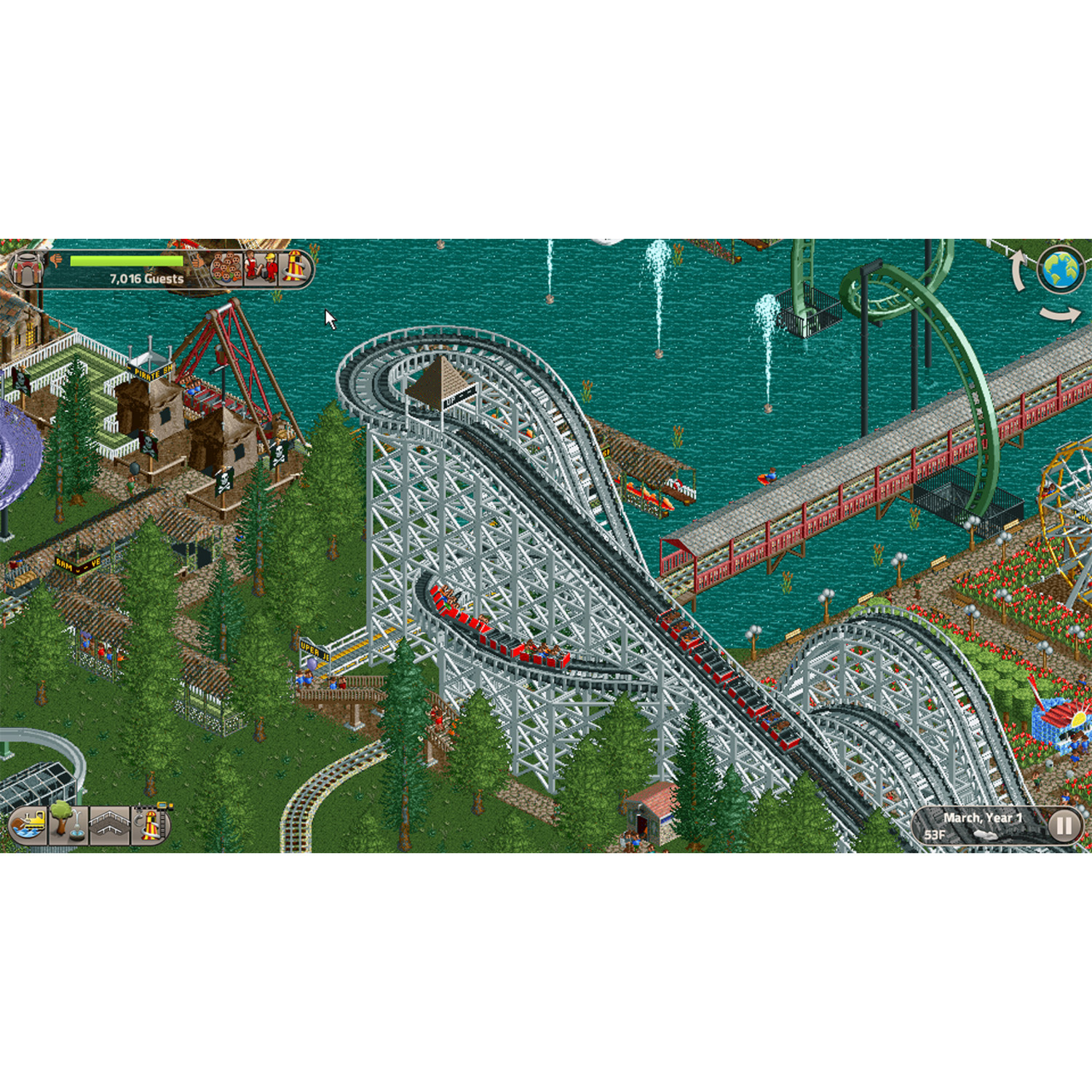 A roller coaster with red cars climbs and descends a track in a park-like setting.
