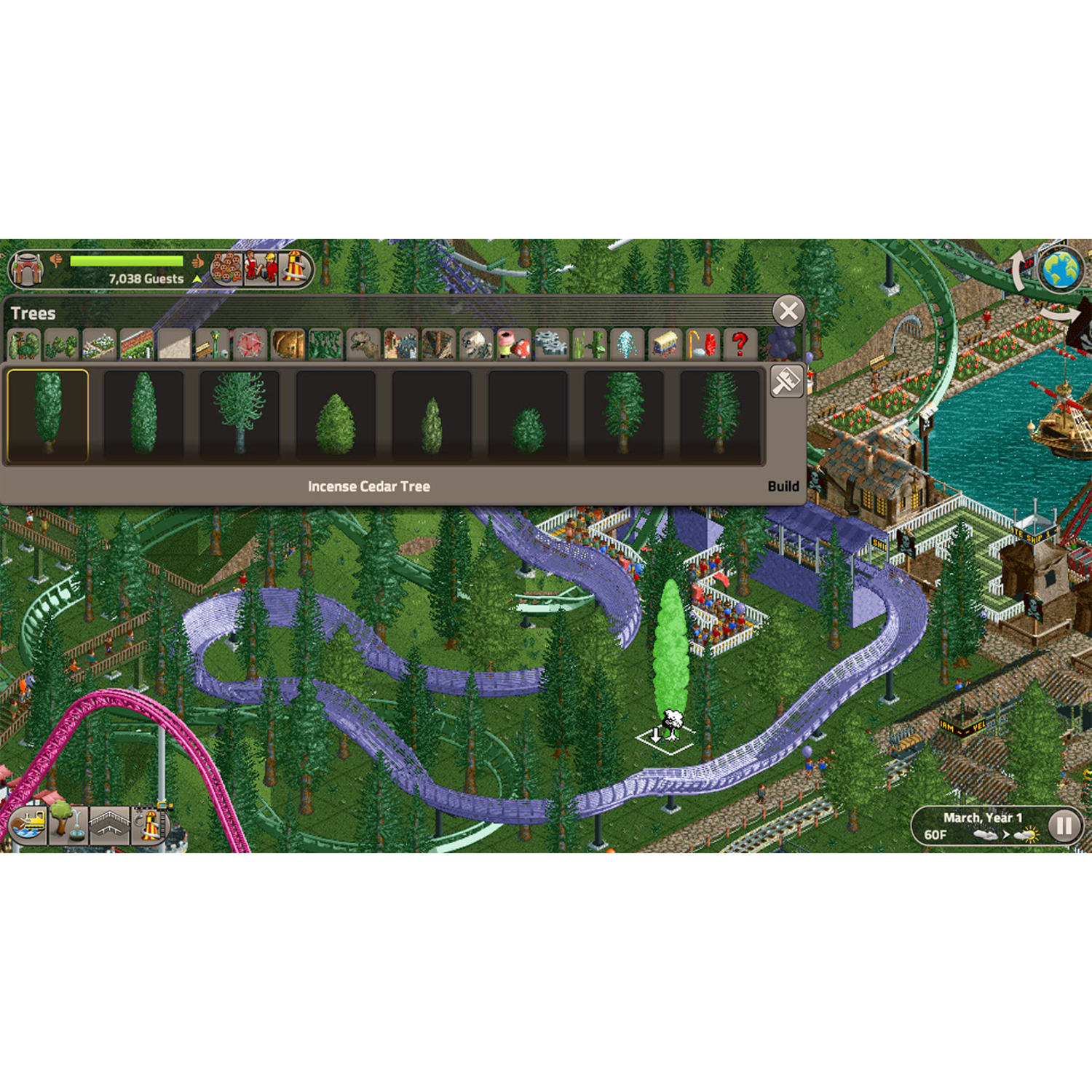 A game interface with tree selection, a roller coaster, and a green landscape.