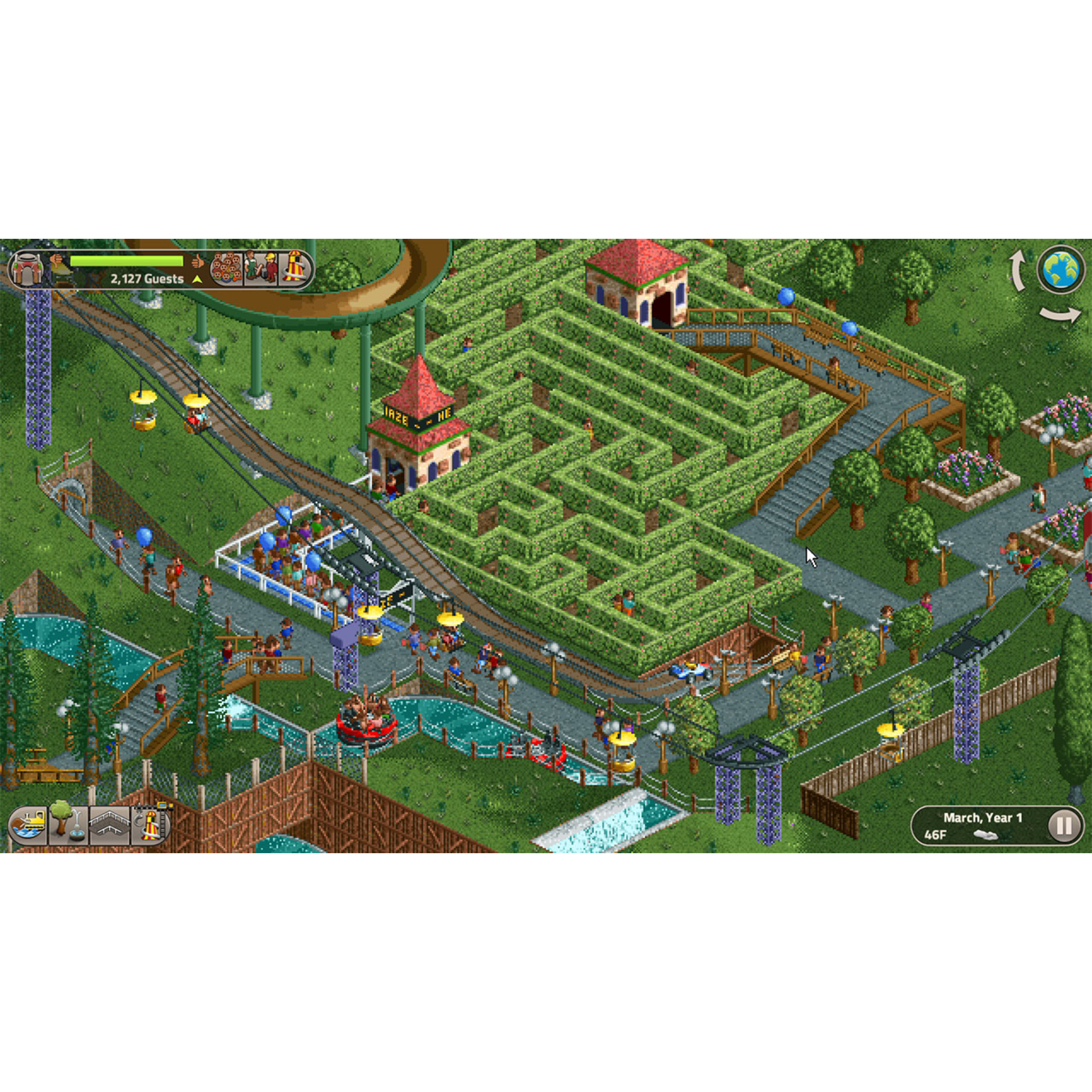 A zoomed-out view of a theme park game with a maze, roller coaster, and people.