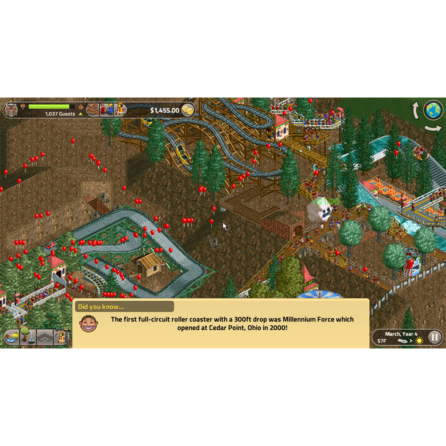 Screenshot of a RollerCoaster Tycoon game showing a theme park with rollercoasters and guests.