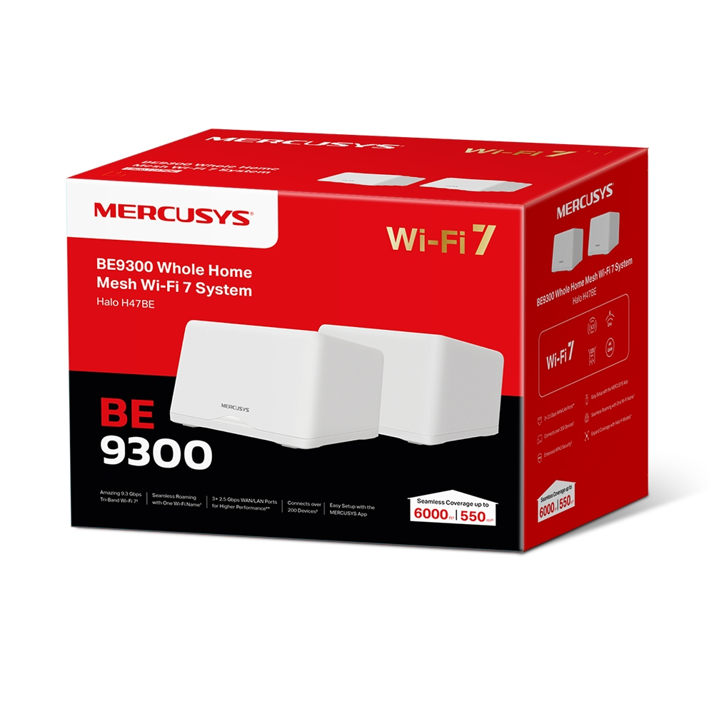Caja roja y blanca de un sistema Wi-Fi 7 de malla para todo el hogar. Dos dispositivos blancos.