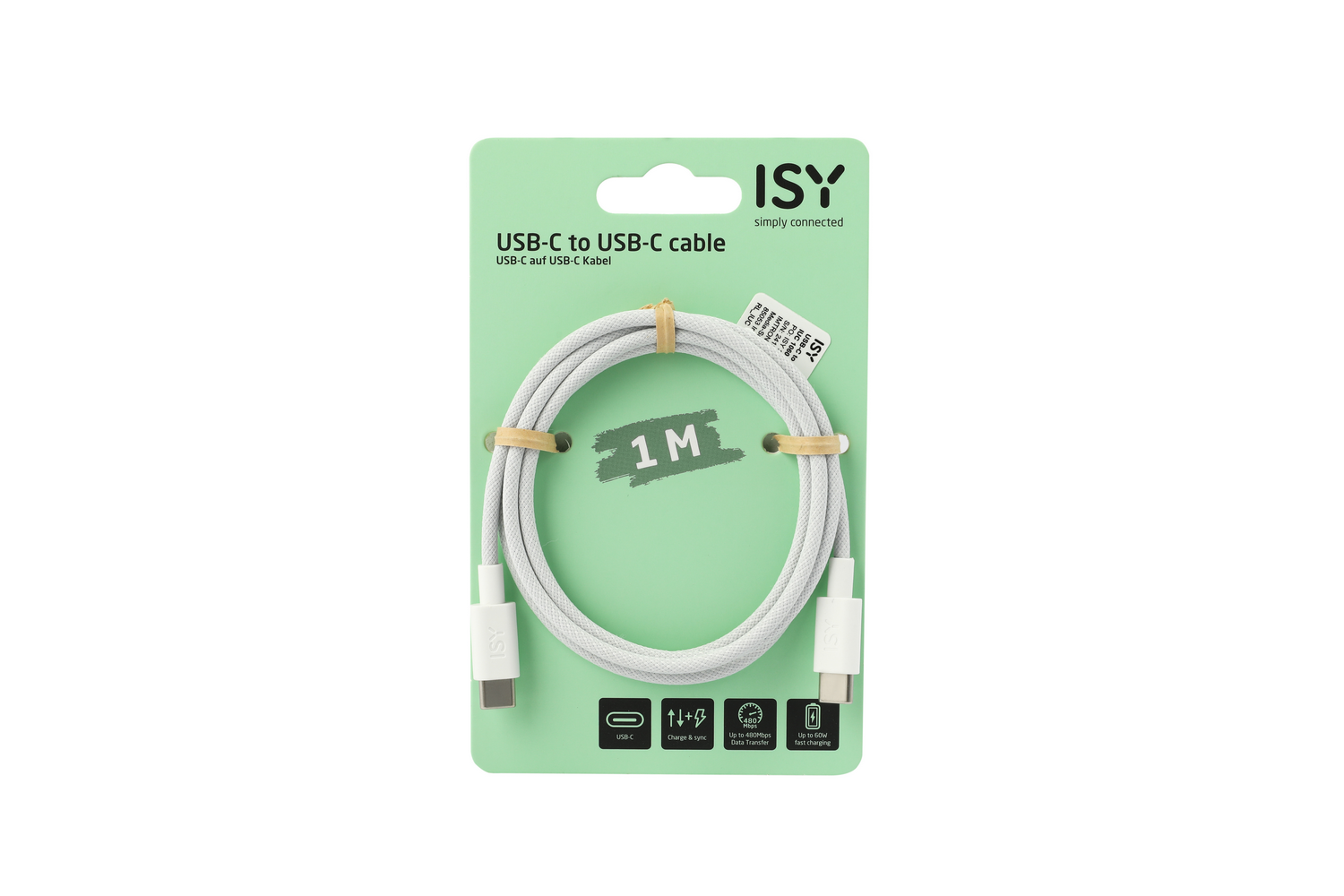 Cable USB-C a USB-C en embalaje. Cable blanco, fondo verde.