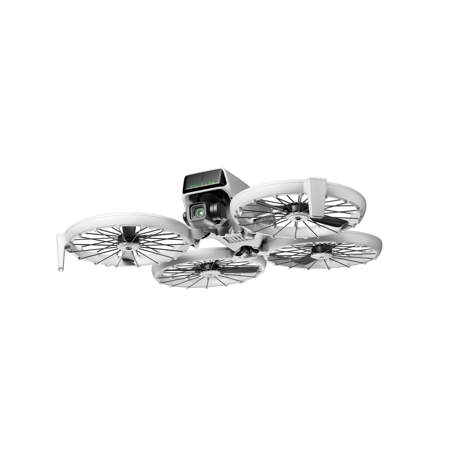 Un dron blanco con hélices negras, visto desde arriba sobre un fondo negro.