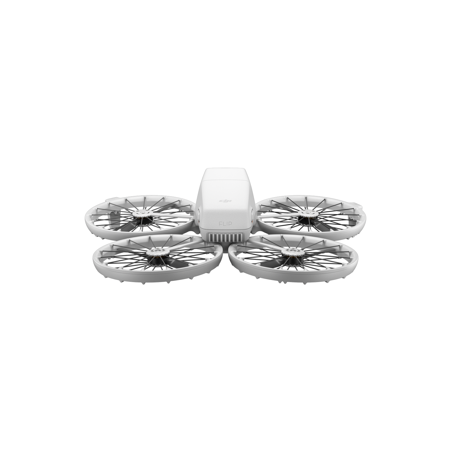 Un dron blanco con hélices negras, visto directamente desde arriba sobre un fondo negro.