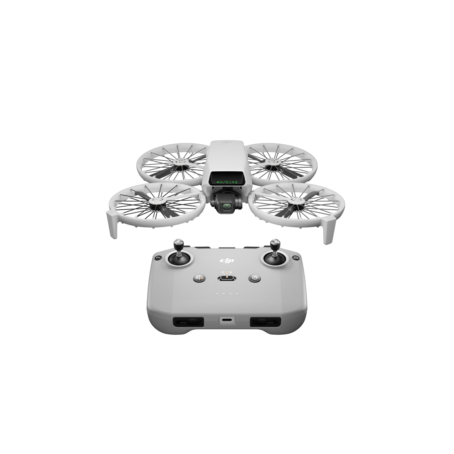 Dron blanco con cuatro hélices y mando a distancia sobre fondo negro.