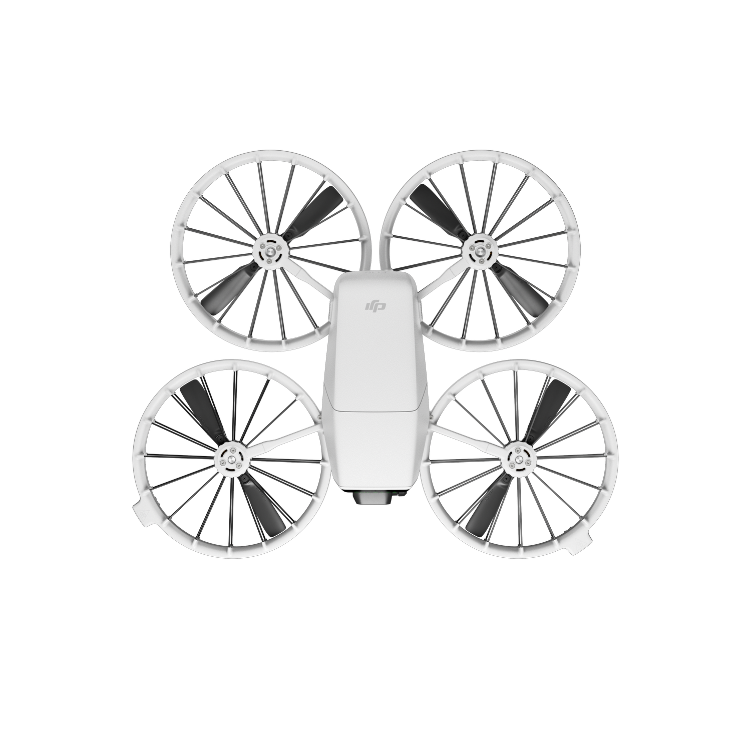 Un componente de dron blanco con el logotipo de DJI. Fondo blanco.
