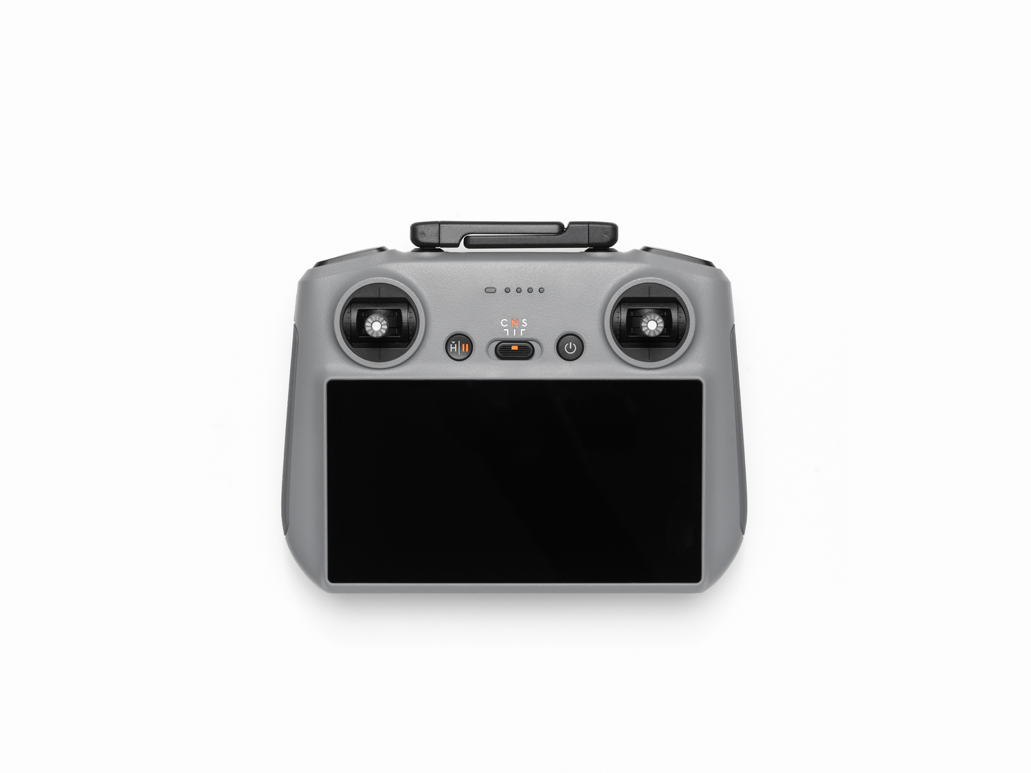 Un controlador de dron gris con botones y pantalla en blanco.