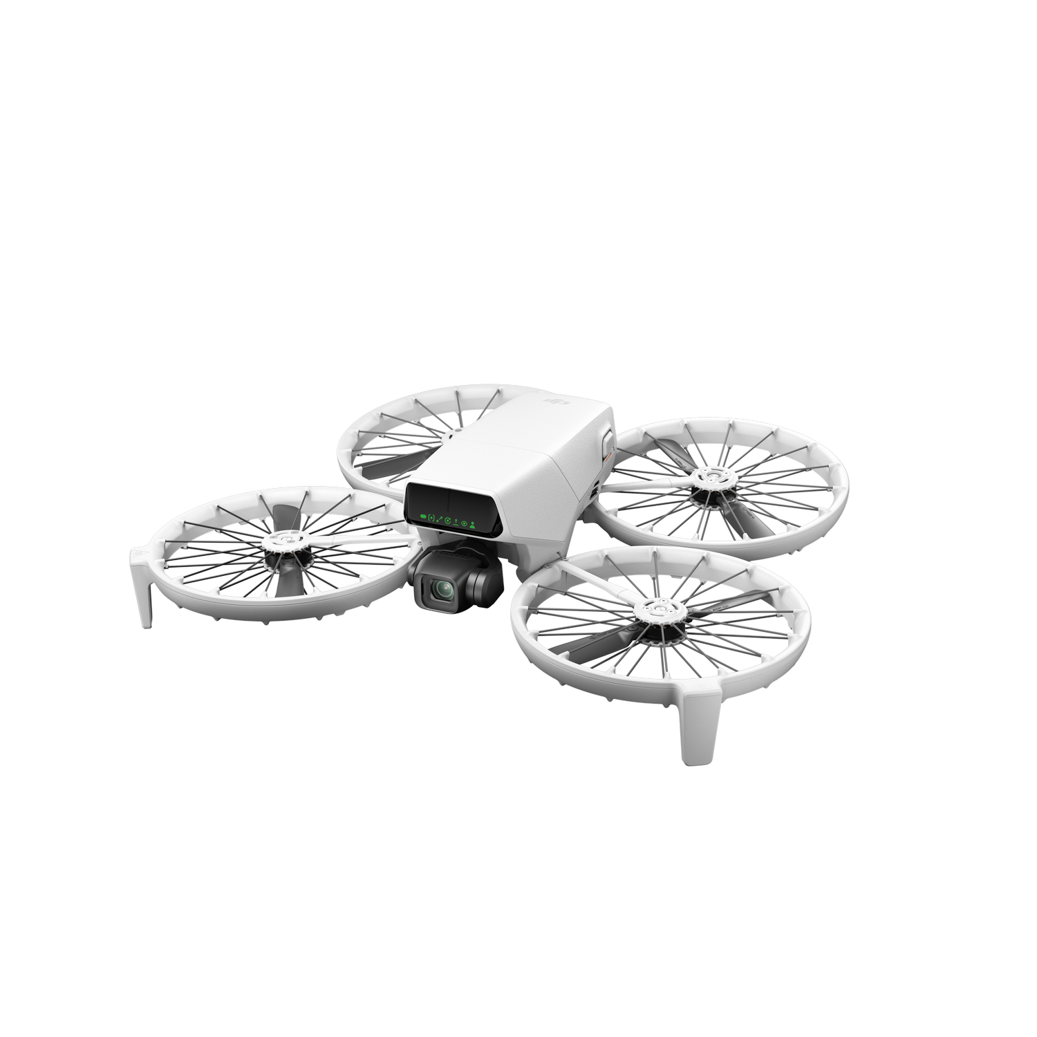 Dron blanco con cuatro hélices sobre un fondo negro.