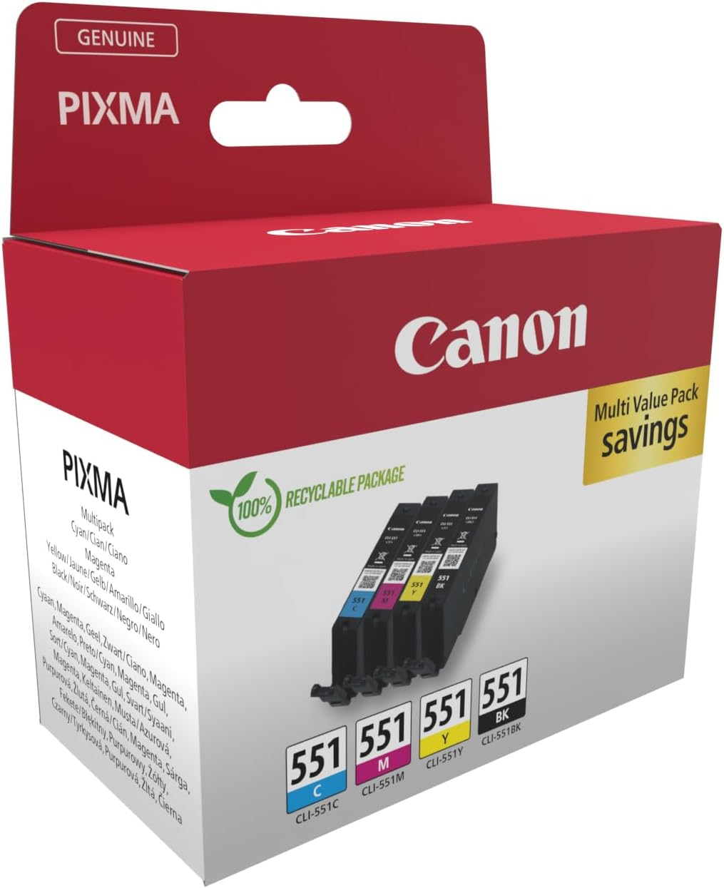 Caja de cartuchos de tinta Canon Pixma, roja y blanca, con cartuchos.