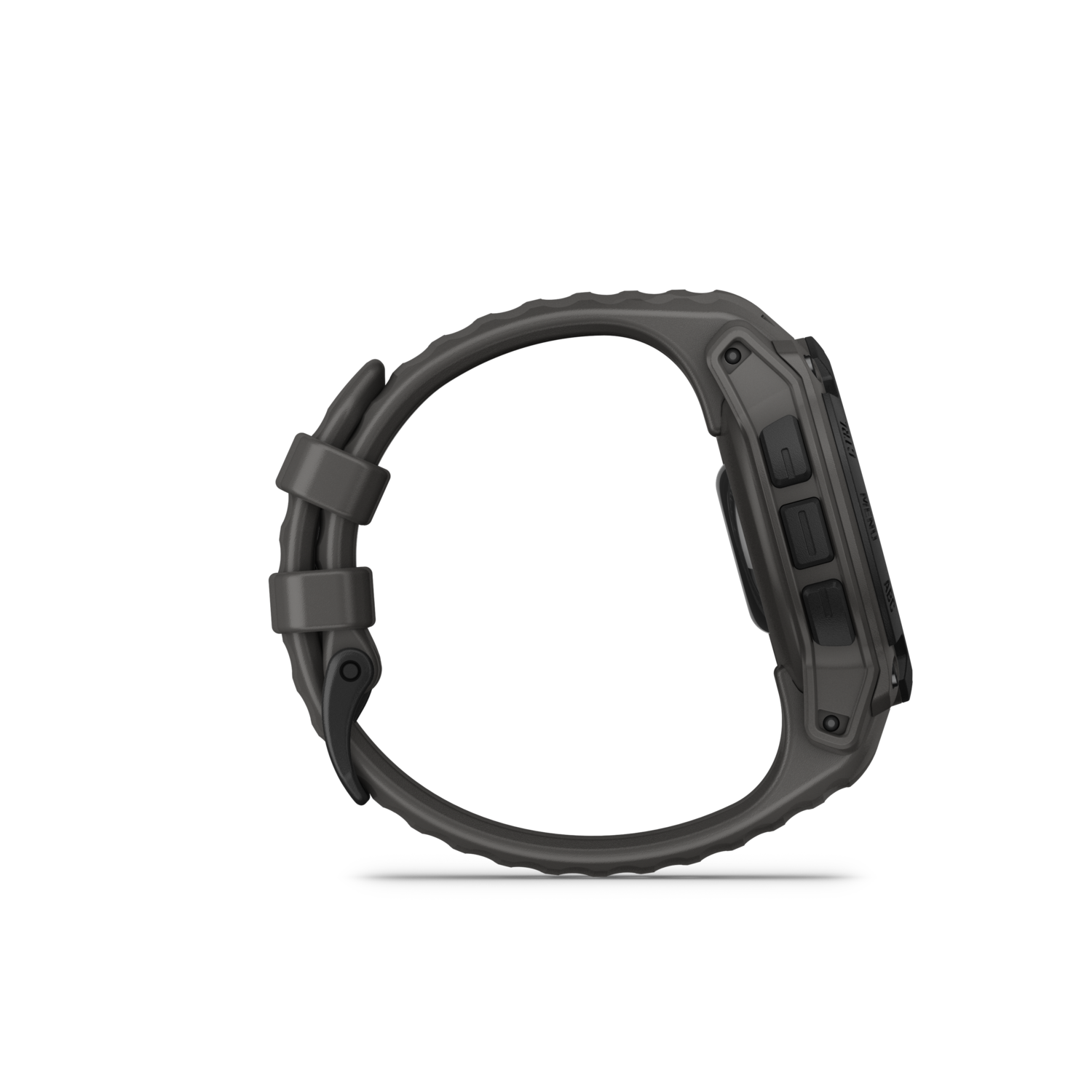 Zijaanzicht van een donkergrijze smartwatch met drie knoppen aan de zijkant.