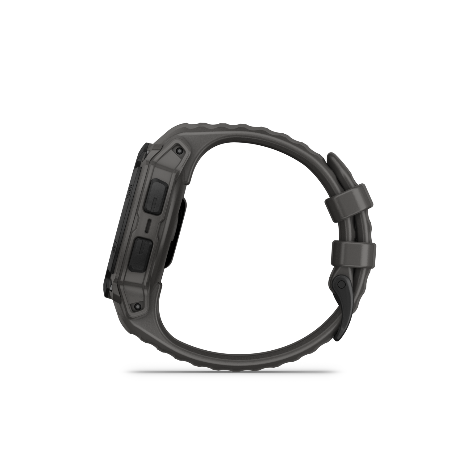 Grijze smartwatch zijaanzicht, zwarte achtergrond.