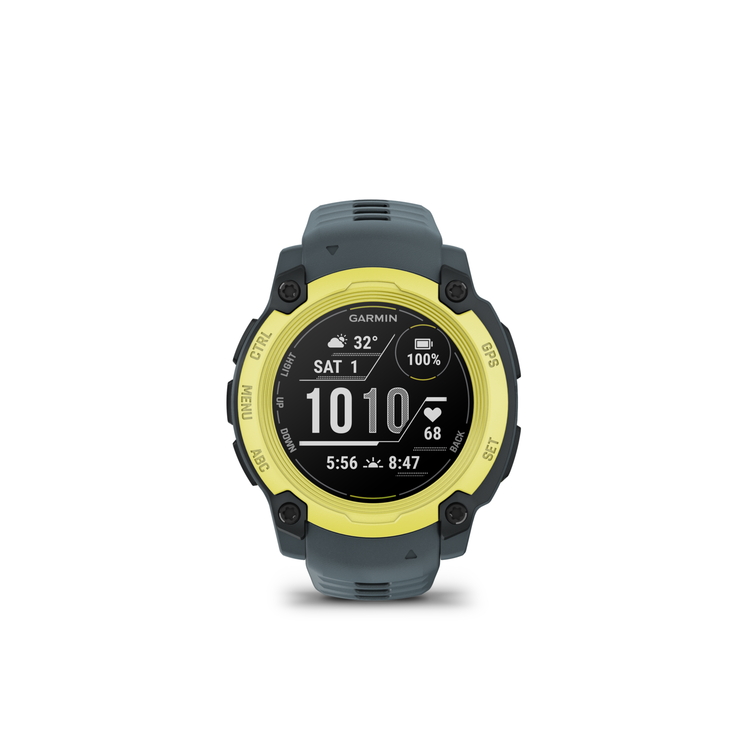 Een Garmin horloge met gele wijzerplaat toont tijd, datum, batterij en GPS-gegevens op zwarte achtergrond.