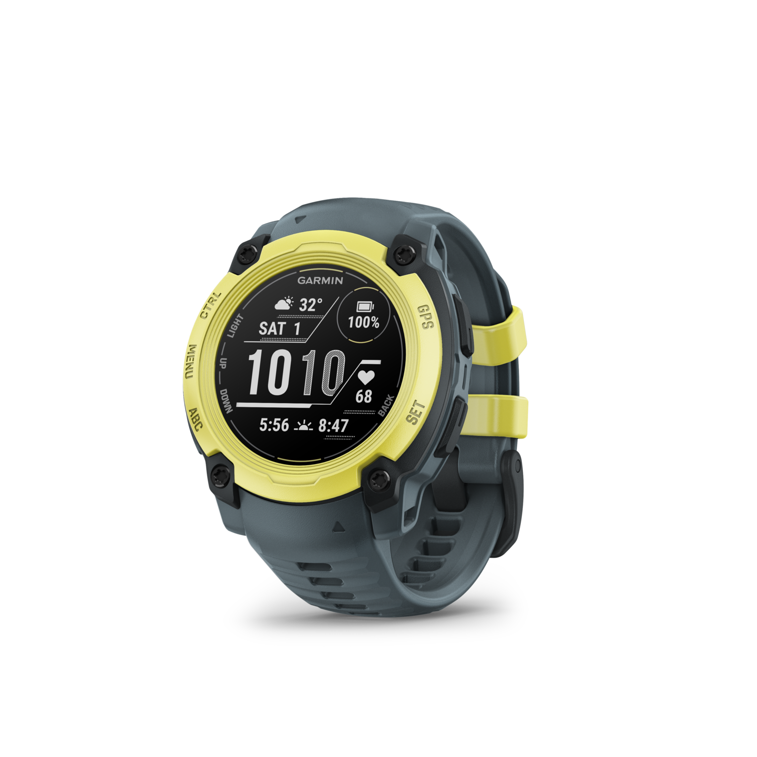 Een smartwatch met een gele rand op een zwarte achtergrond.