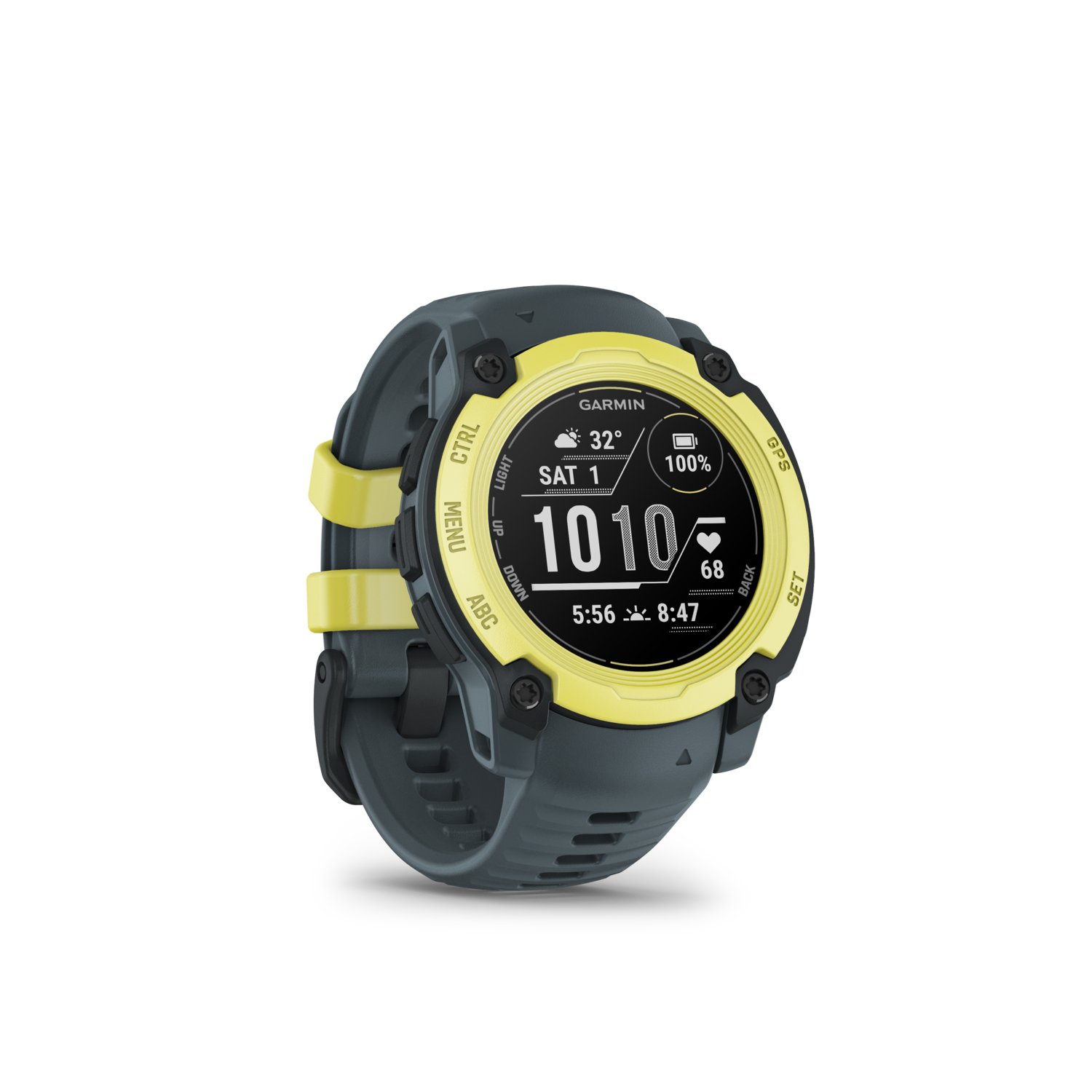 Gele en grijze smartwatch met display op zwarte achtergrond.