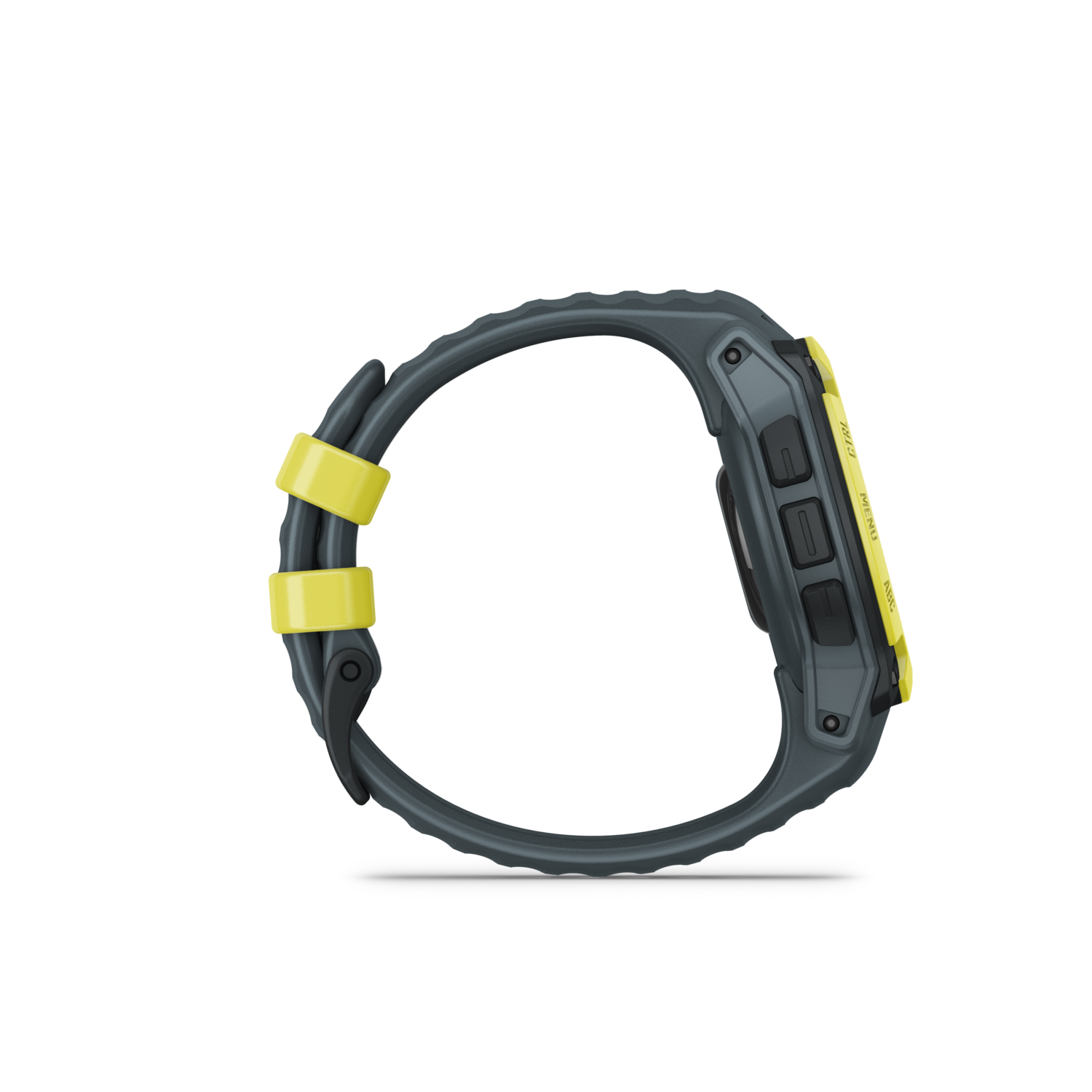 Een zijaanzicht van een grijze en gele smartwatch op een zwarte achtergrond.