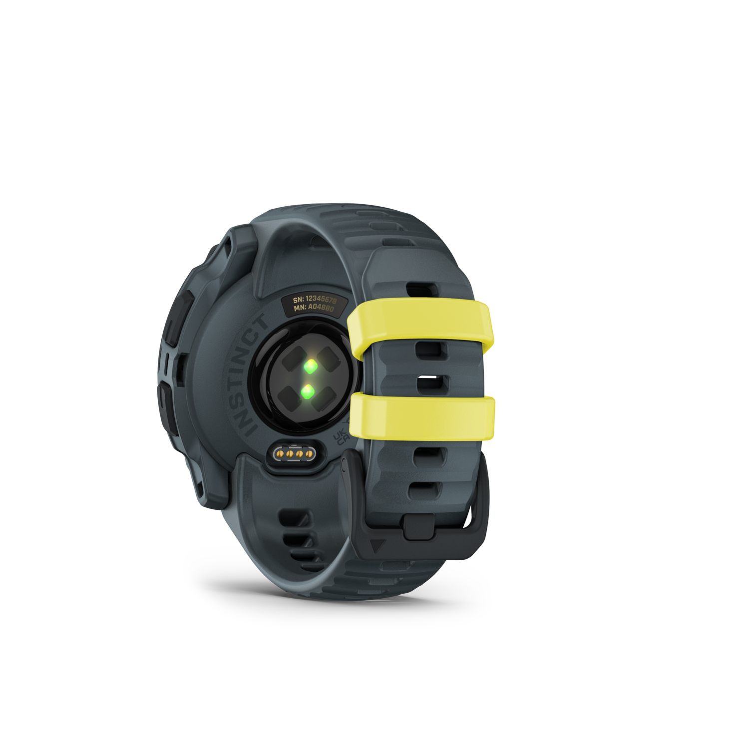 Close-up van een grijze smartwatch met een gele band, zwarte achtergrond.